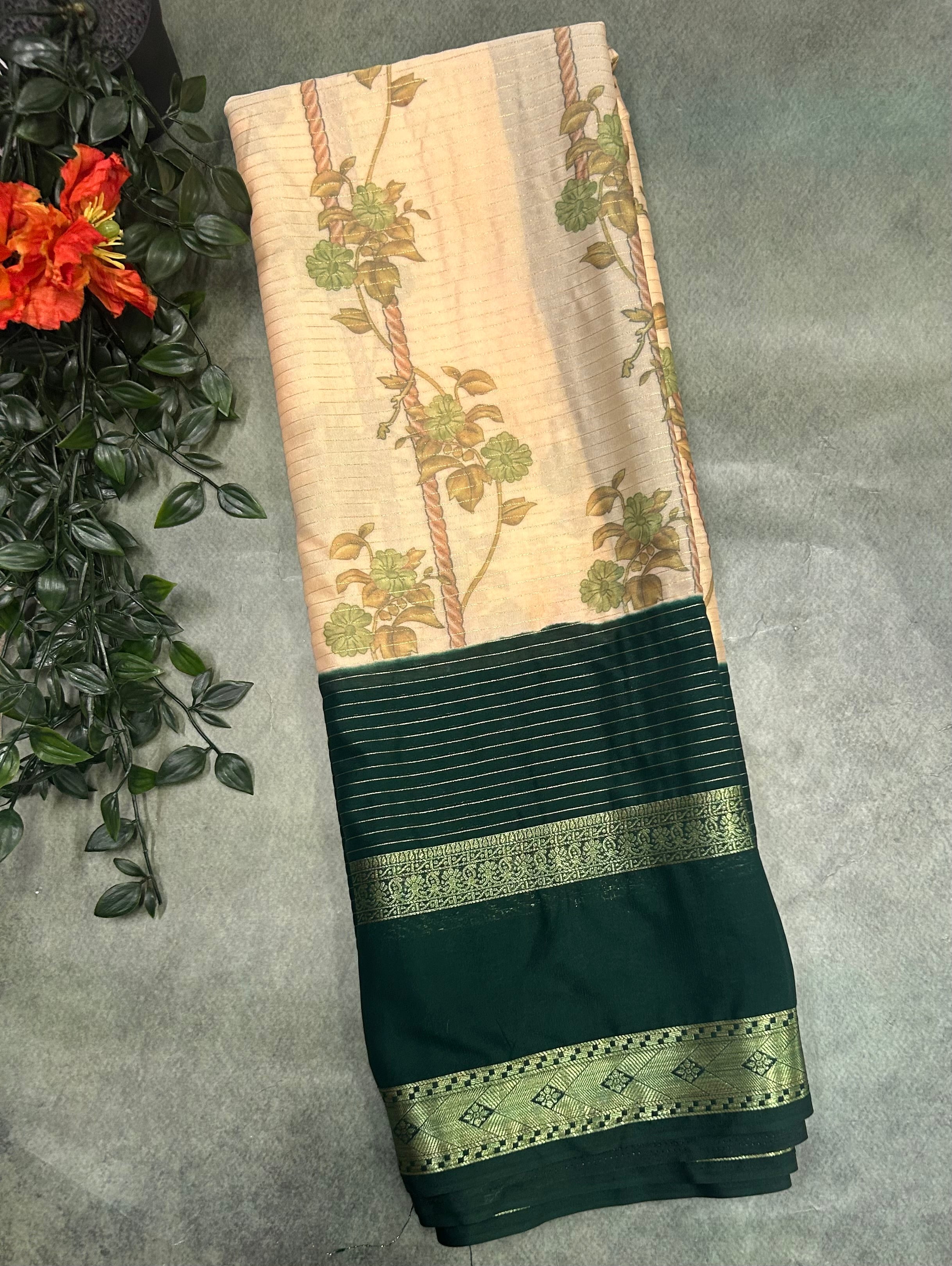 Peach and bottle green stripes border Semi Mysore Crepe saree