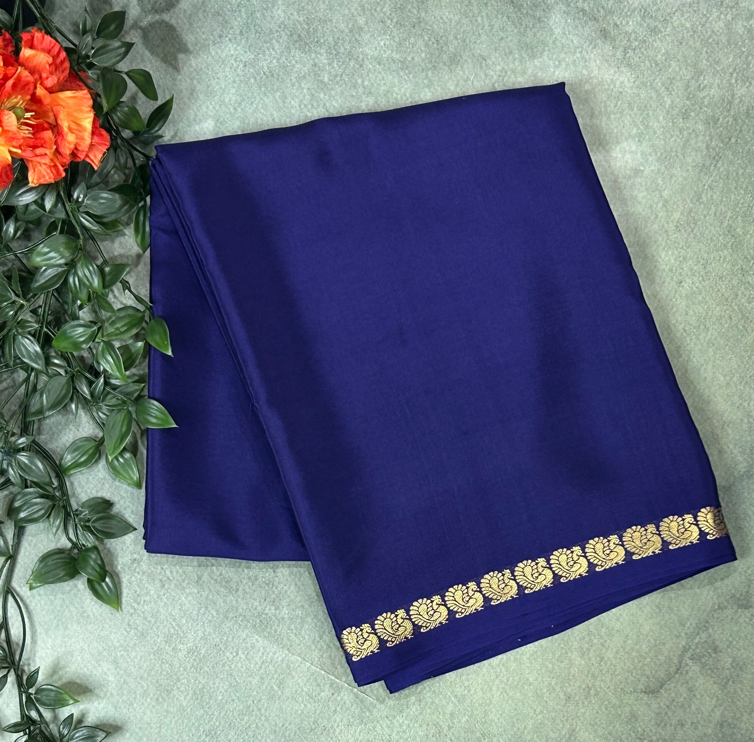 Navy blue plain one inch pure mysore silk-12 saree