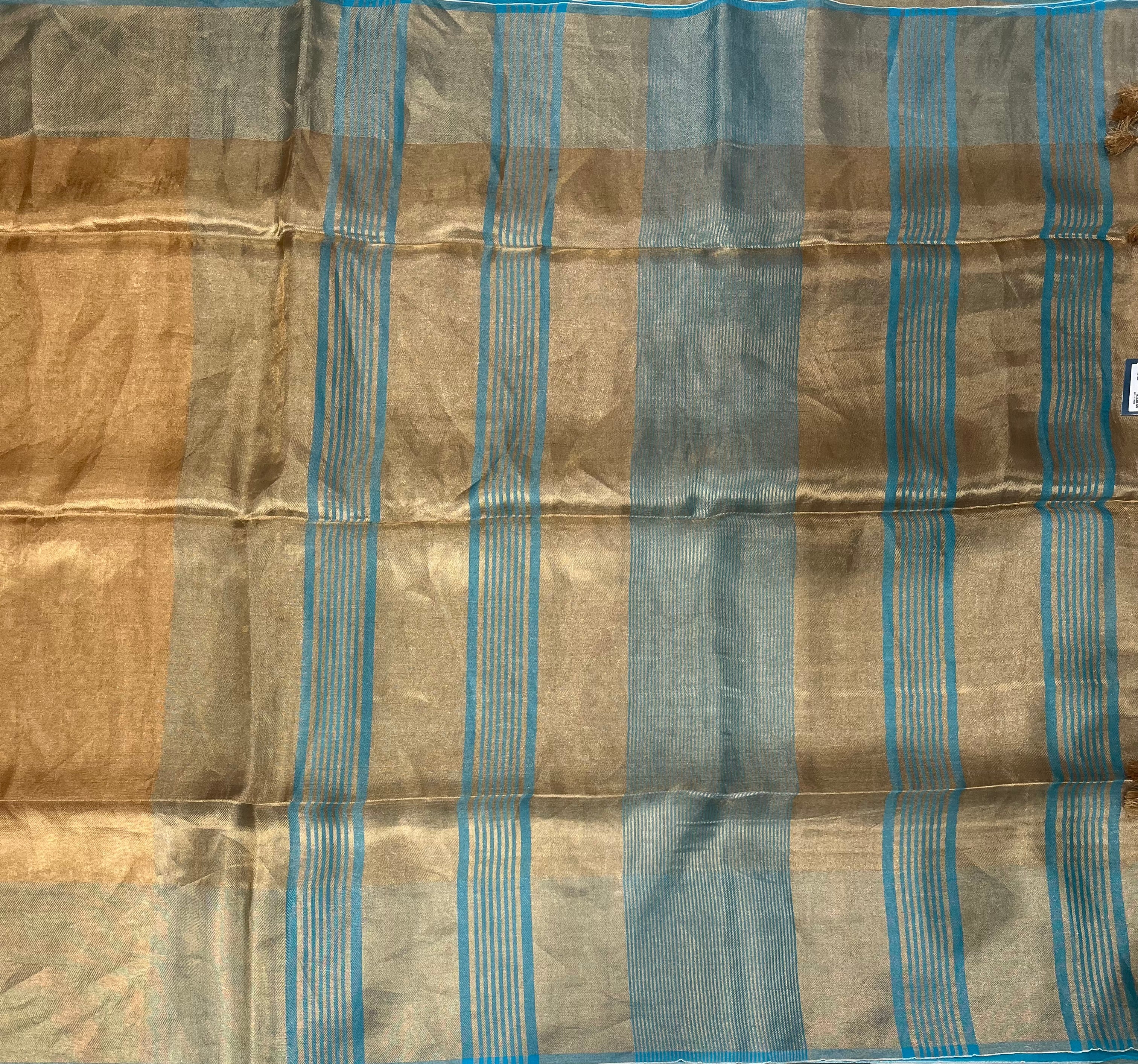 Light blue n gold pure silk linen tissue saree