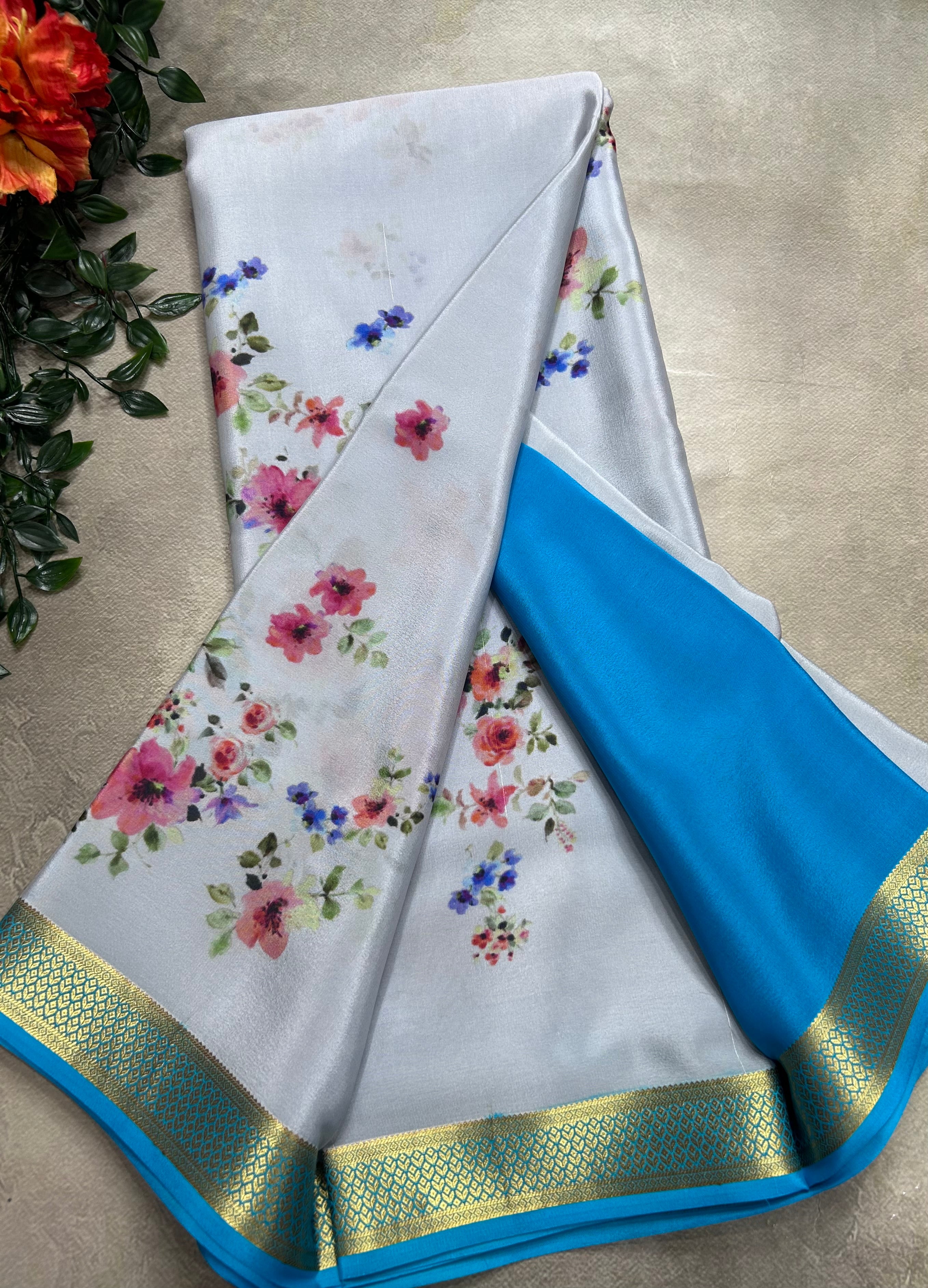 Grey digital print pure mysore silk saree(DMS106)