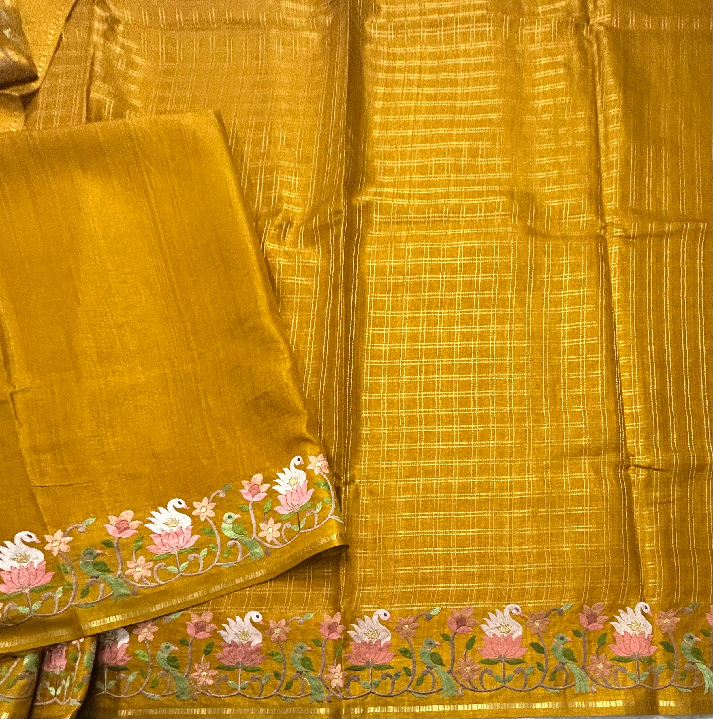 Mustard yellow checks embroidery border semi Tussar 105 saree