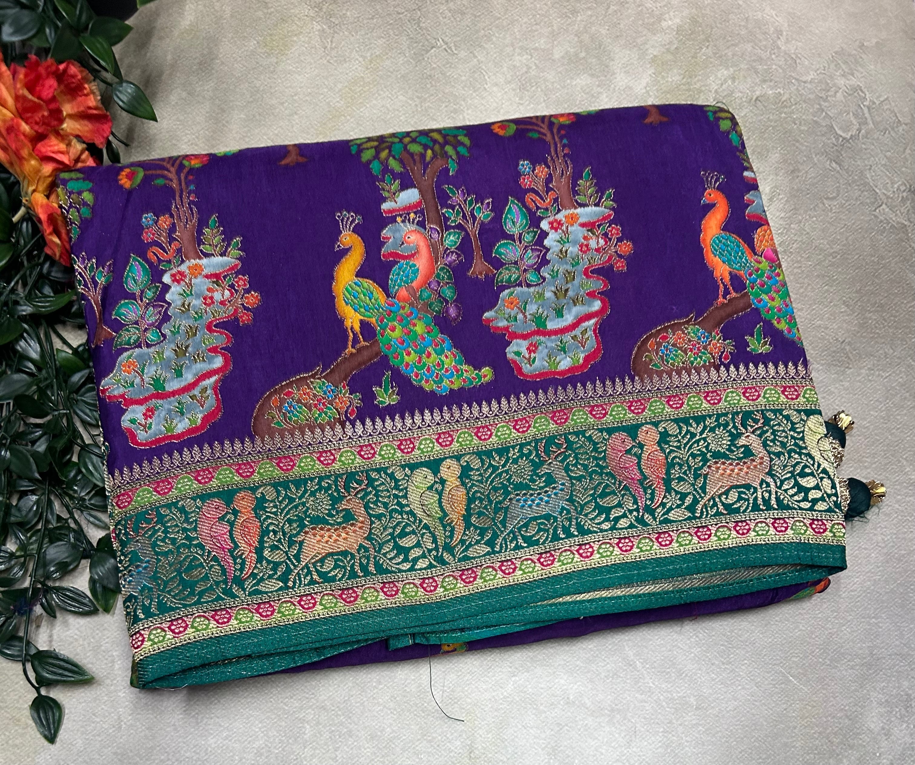 Purple pashmina satin silk crepe 106 saree