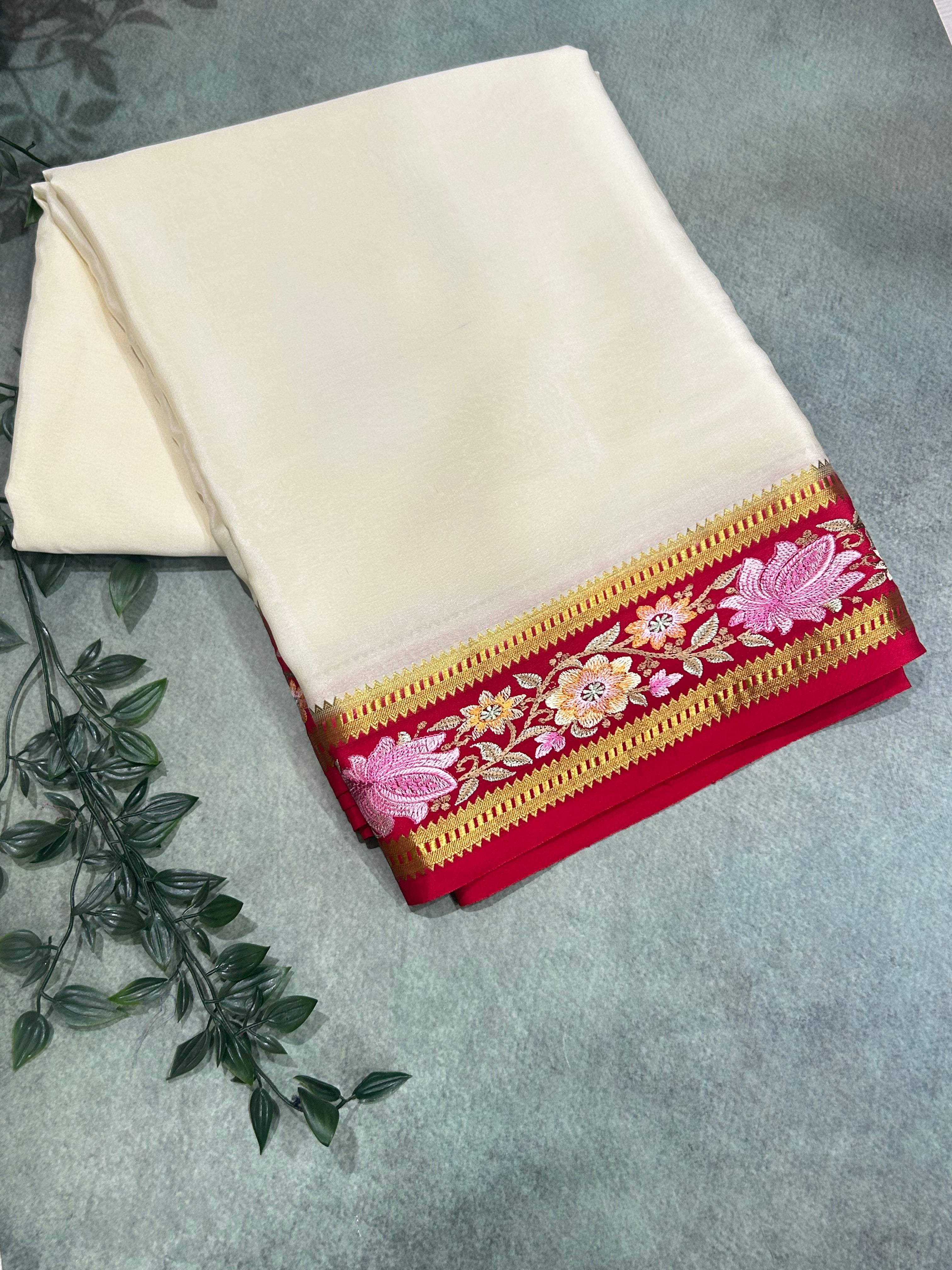 Cream n red embroidered pure mysore crepe-12 silk saree