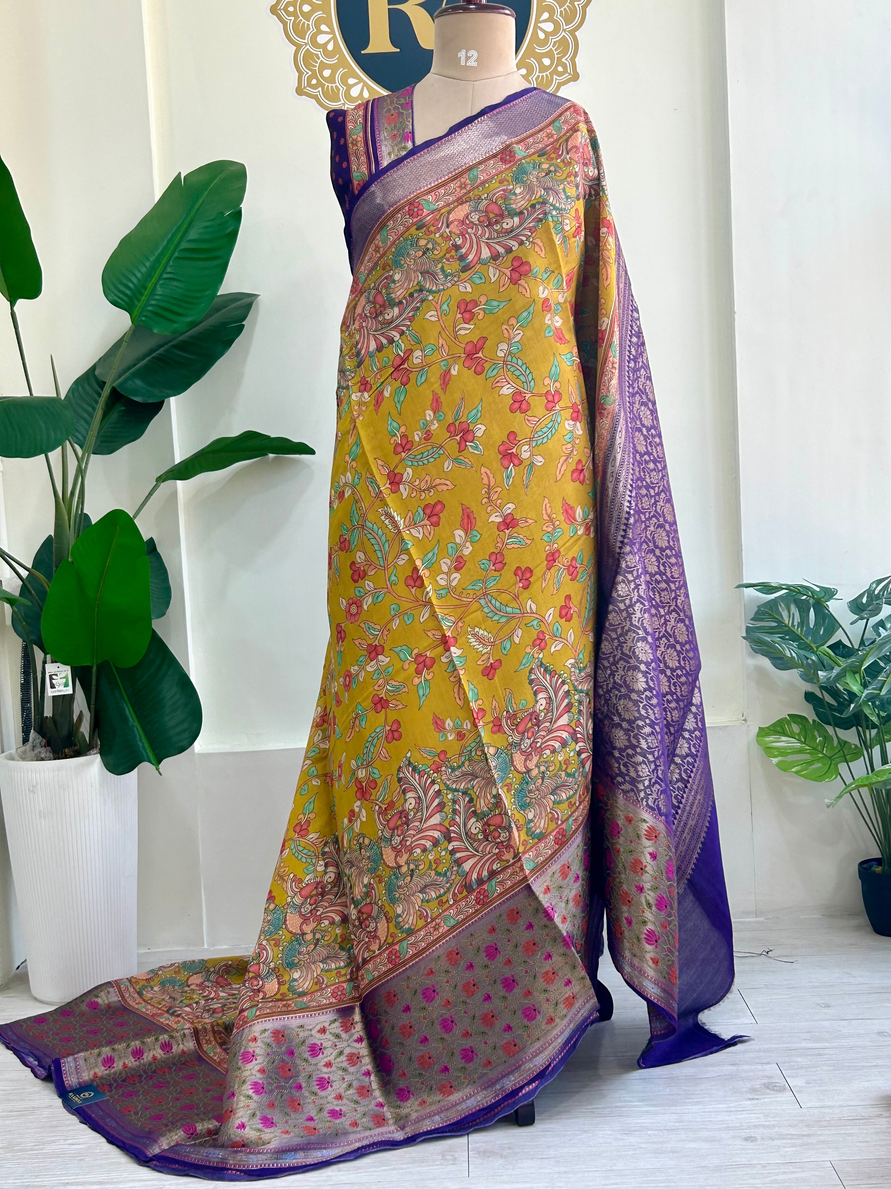 Mustard yellow n purple bb kalamkari Chanderi saree