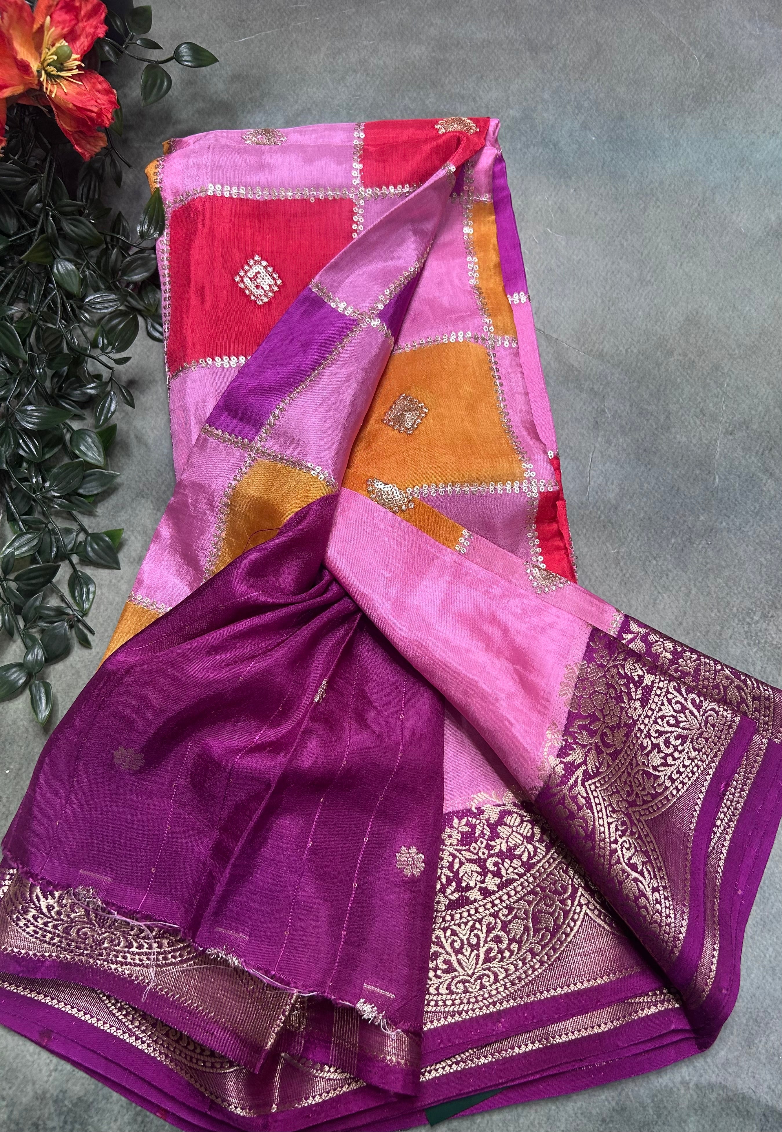 Multicolour checks n small border dola crepe 106 saree