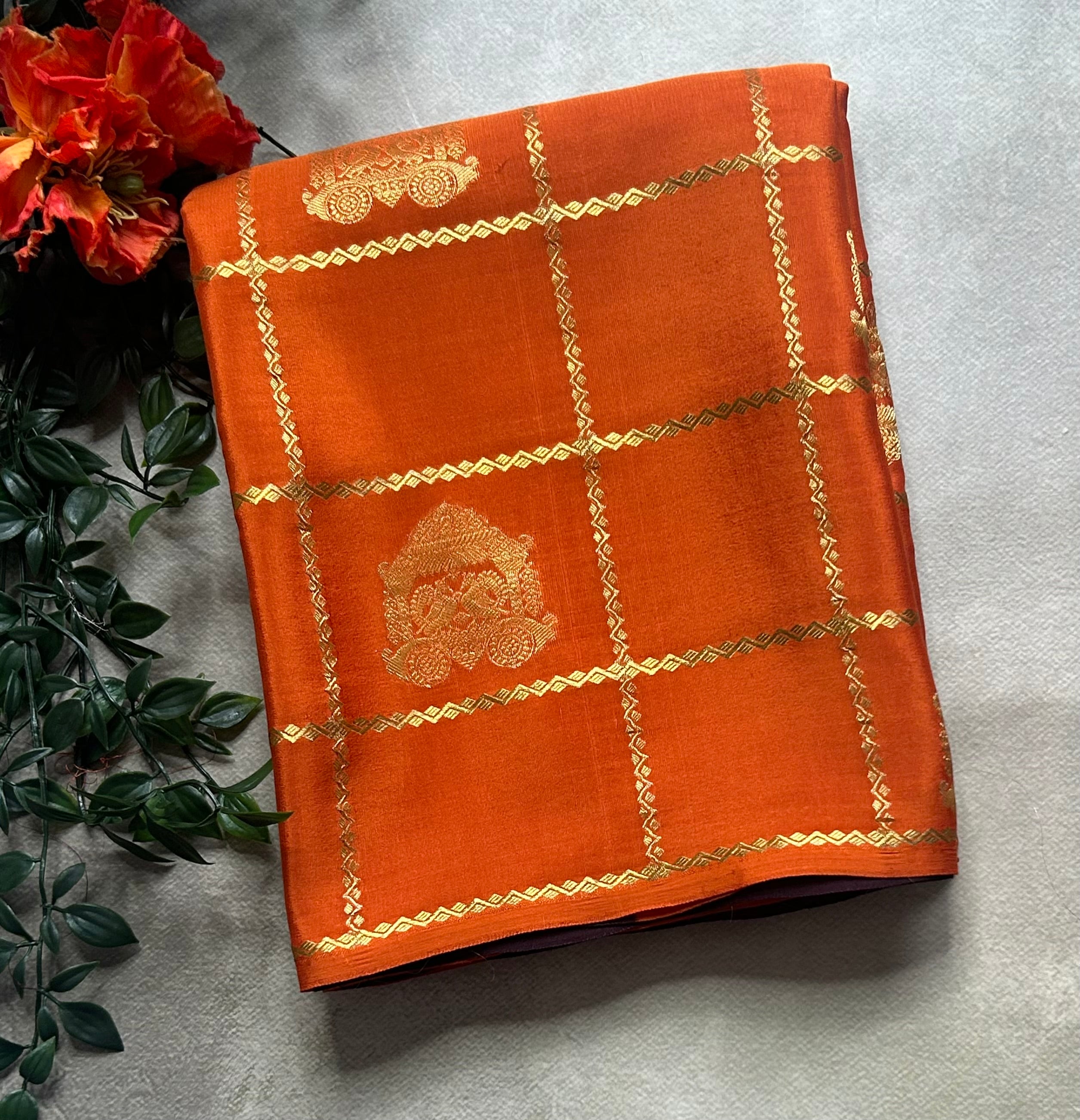 Rust orange contrast checks borderless pure mysore silk-102 saree