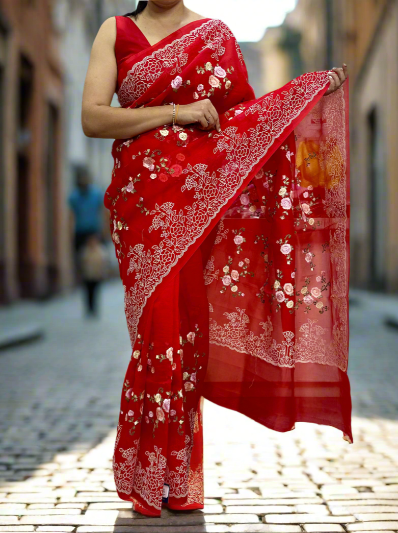 Red embroidery pure organza saree