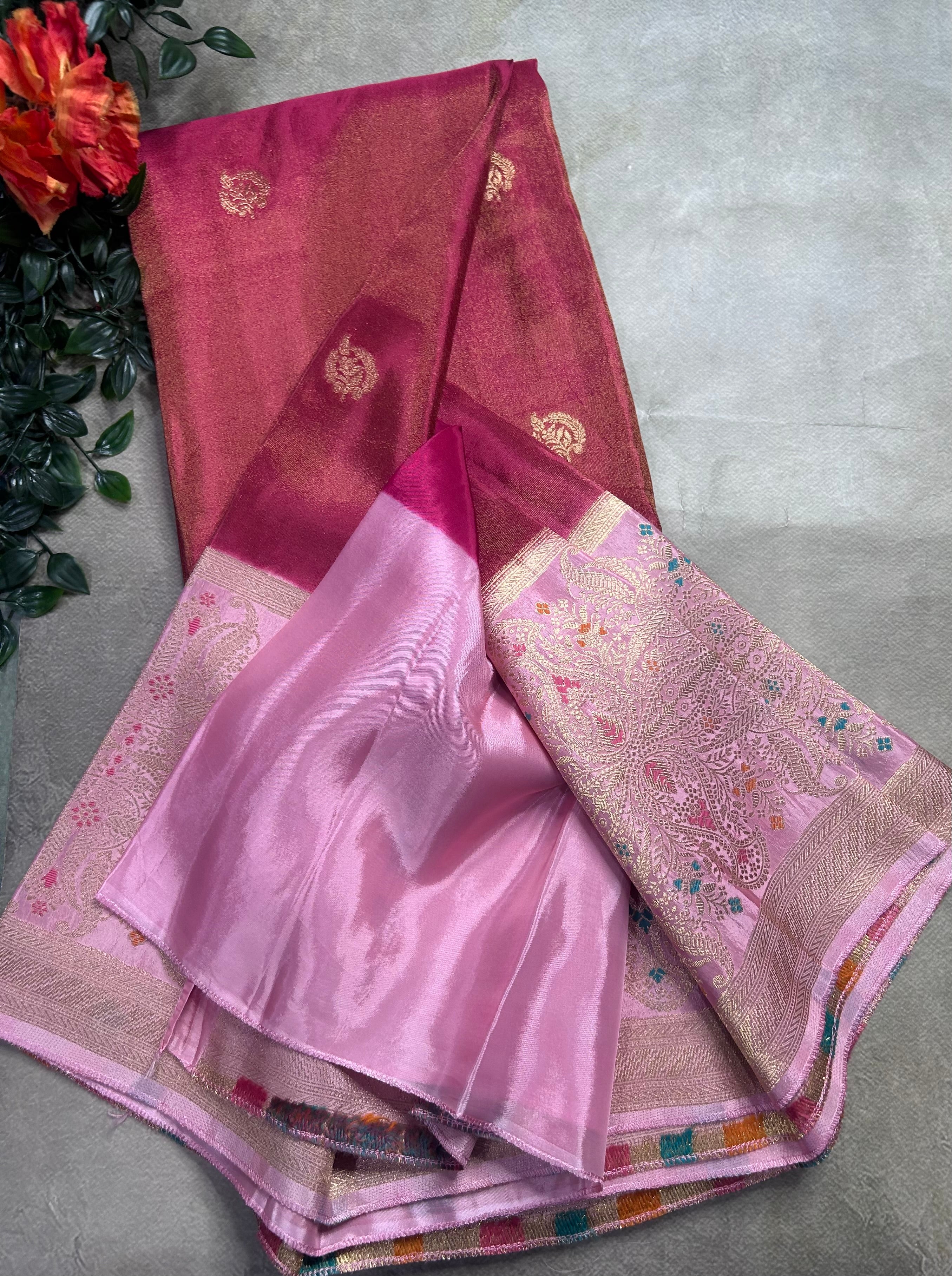 Pink contrast long border soft semi tissue crepe 106 saree