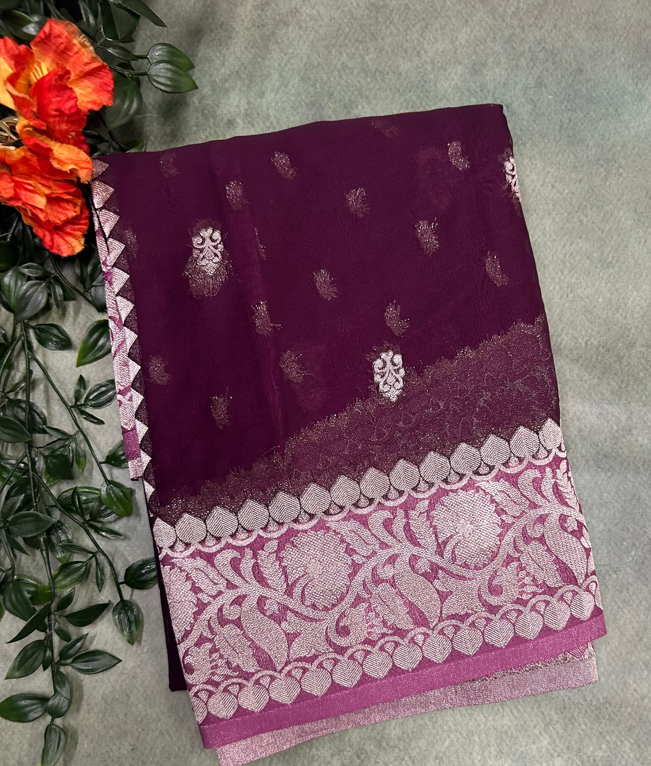 Wine small Butta semi chiffon Benarasi 105 saree