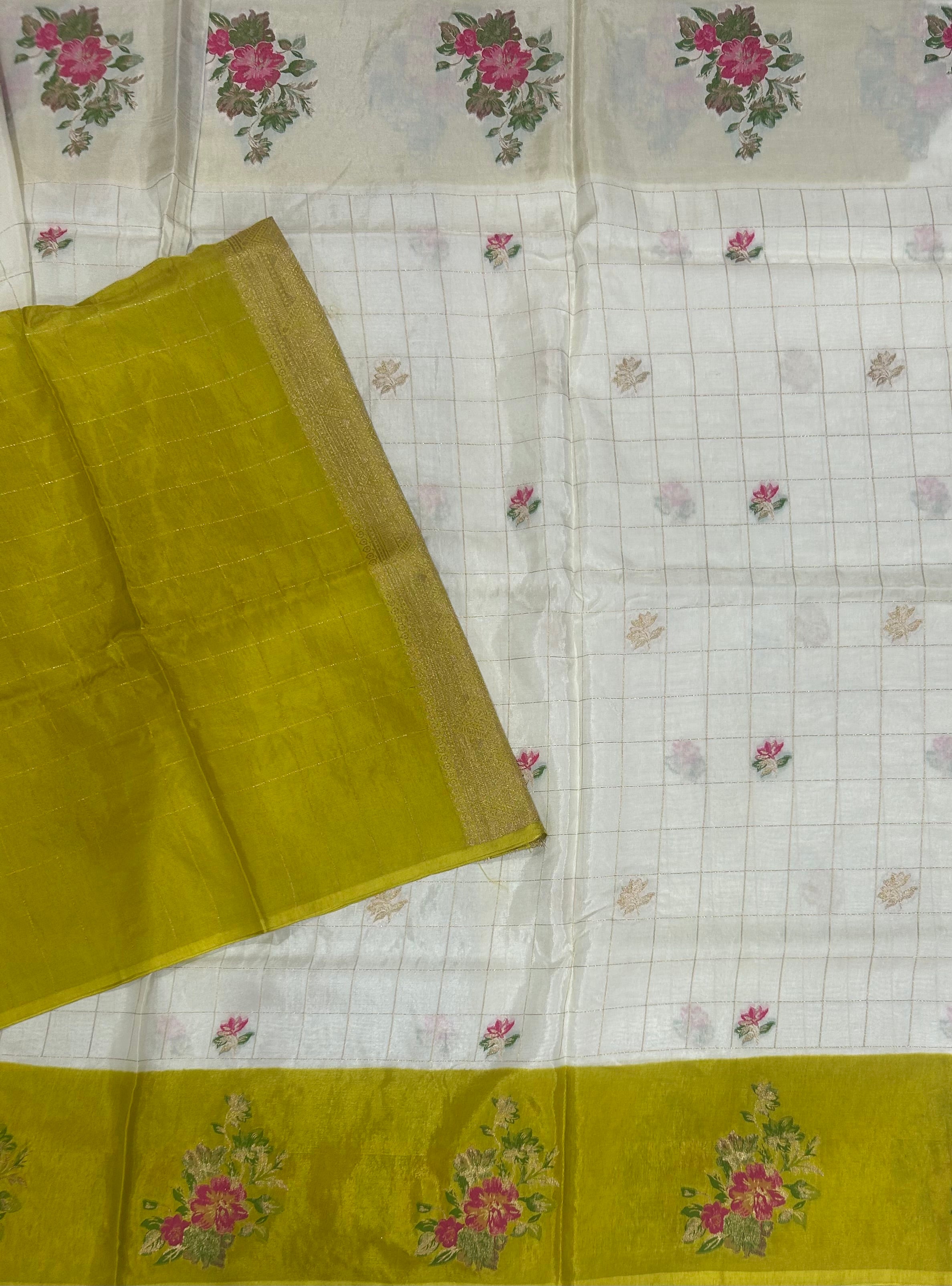 Cream n mustard yellow checks dola crepe 104 saree
