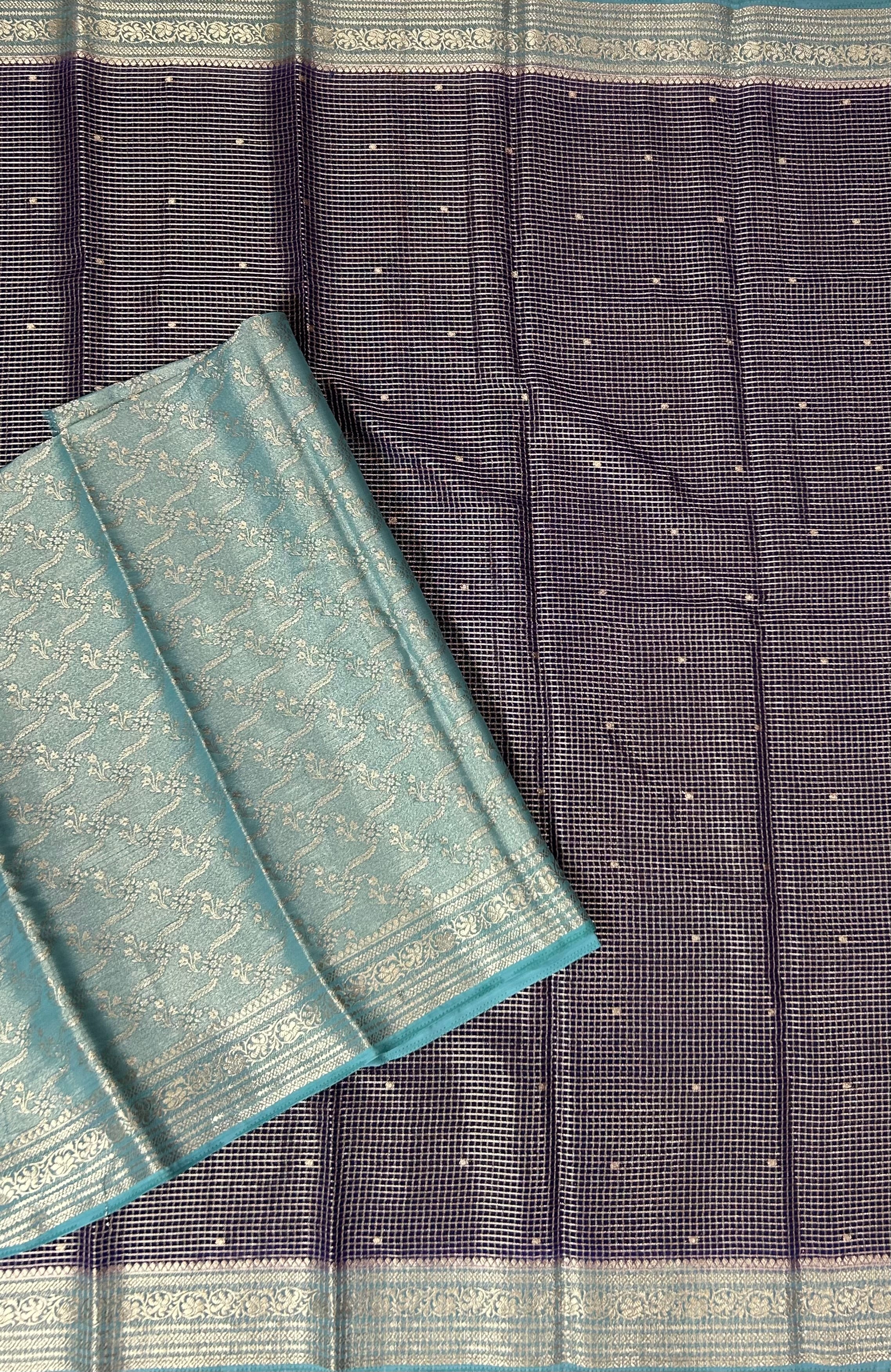 Purple small checks semi mysore crepe-12 saree