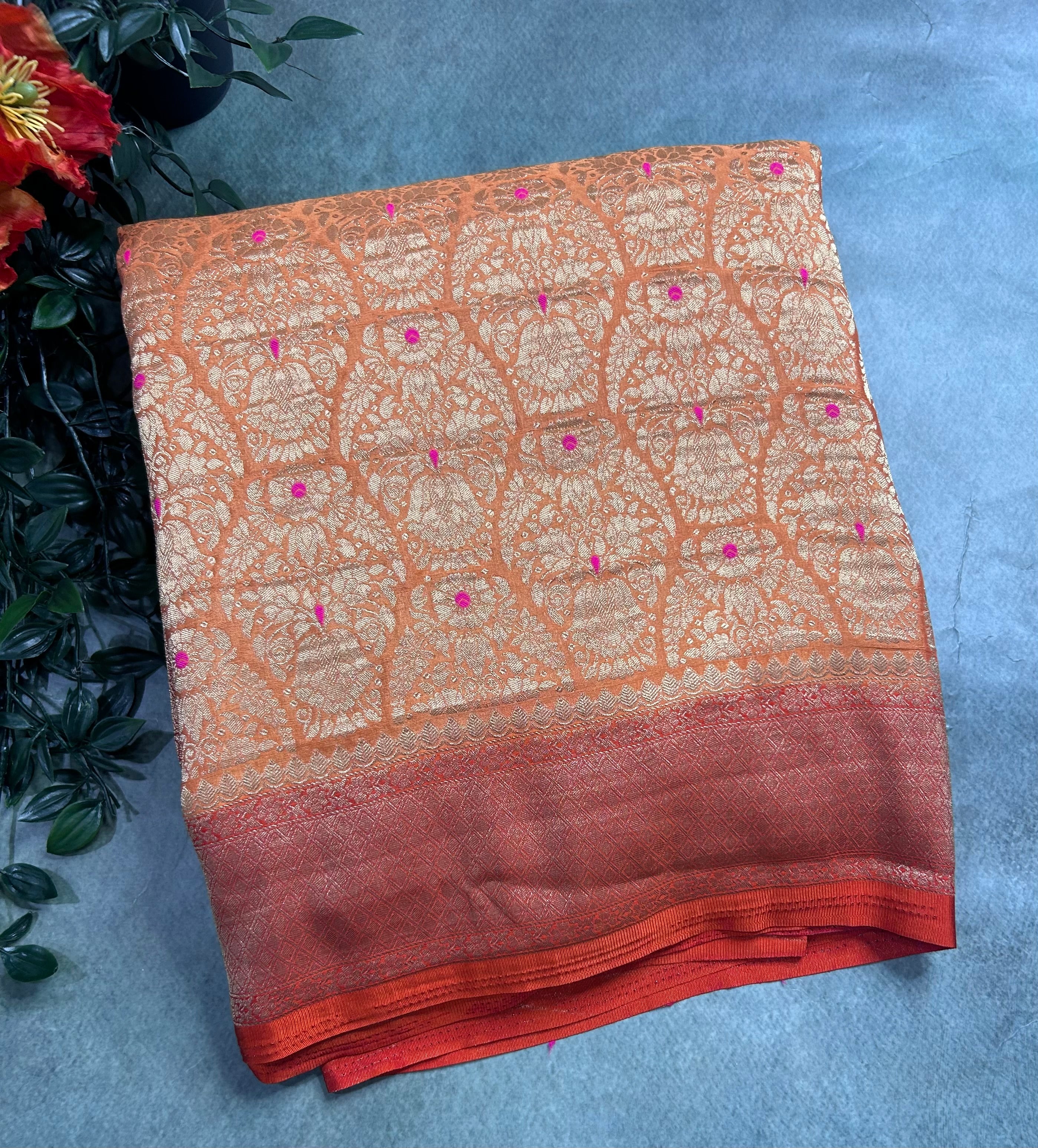 Light orange brocade semi georgette 105 saree