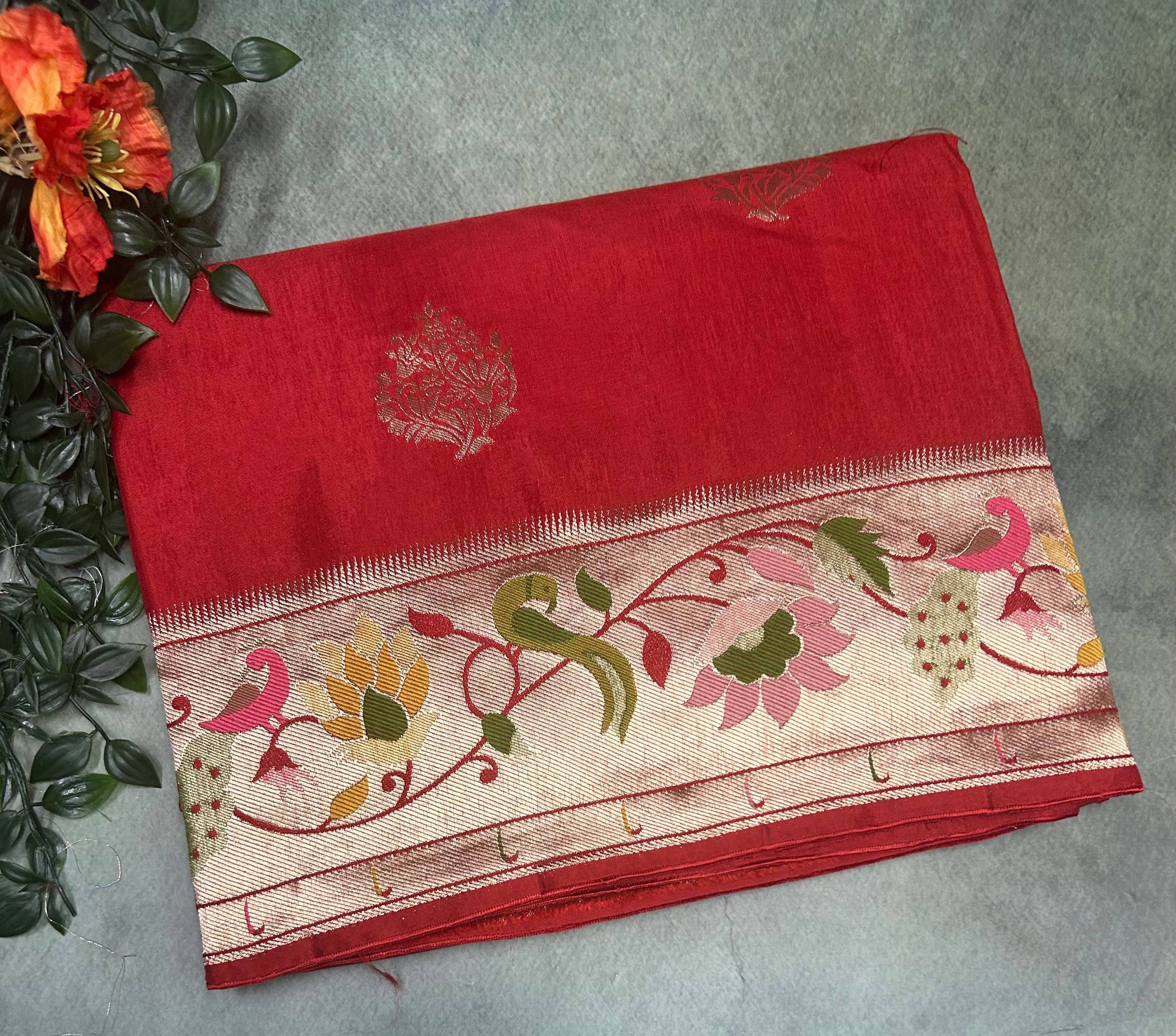 Dark orange Paithani border tussar crepe 105 saree