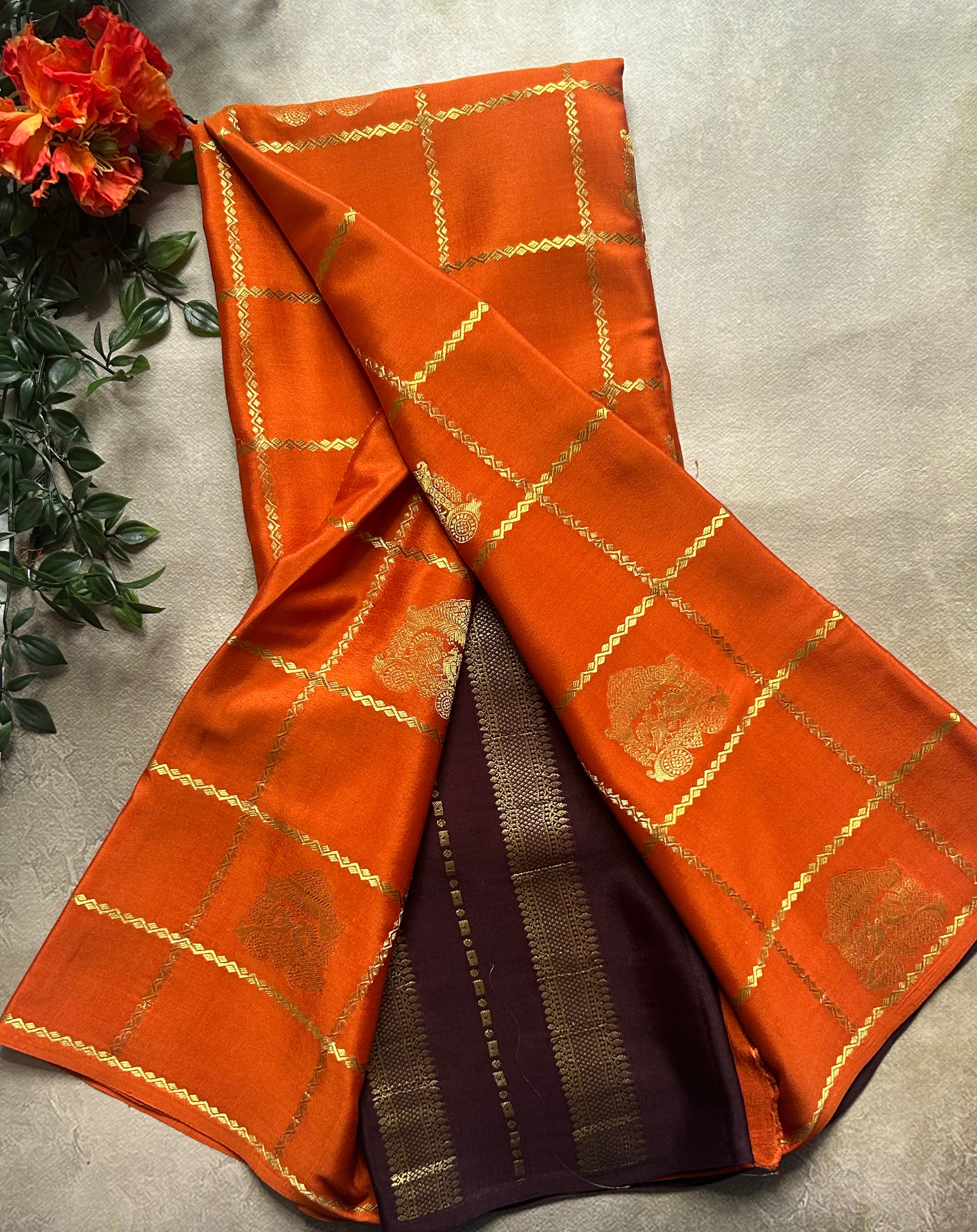 Rust orange contrast checks borderless pure mysore silk-102 saree