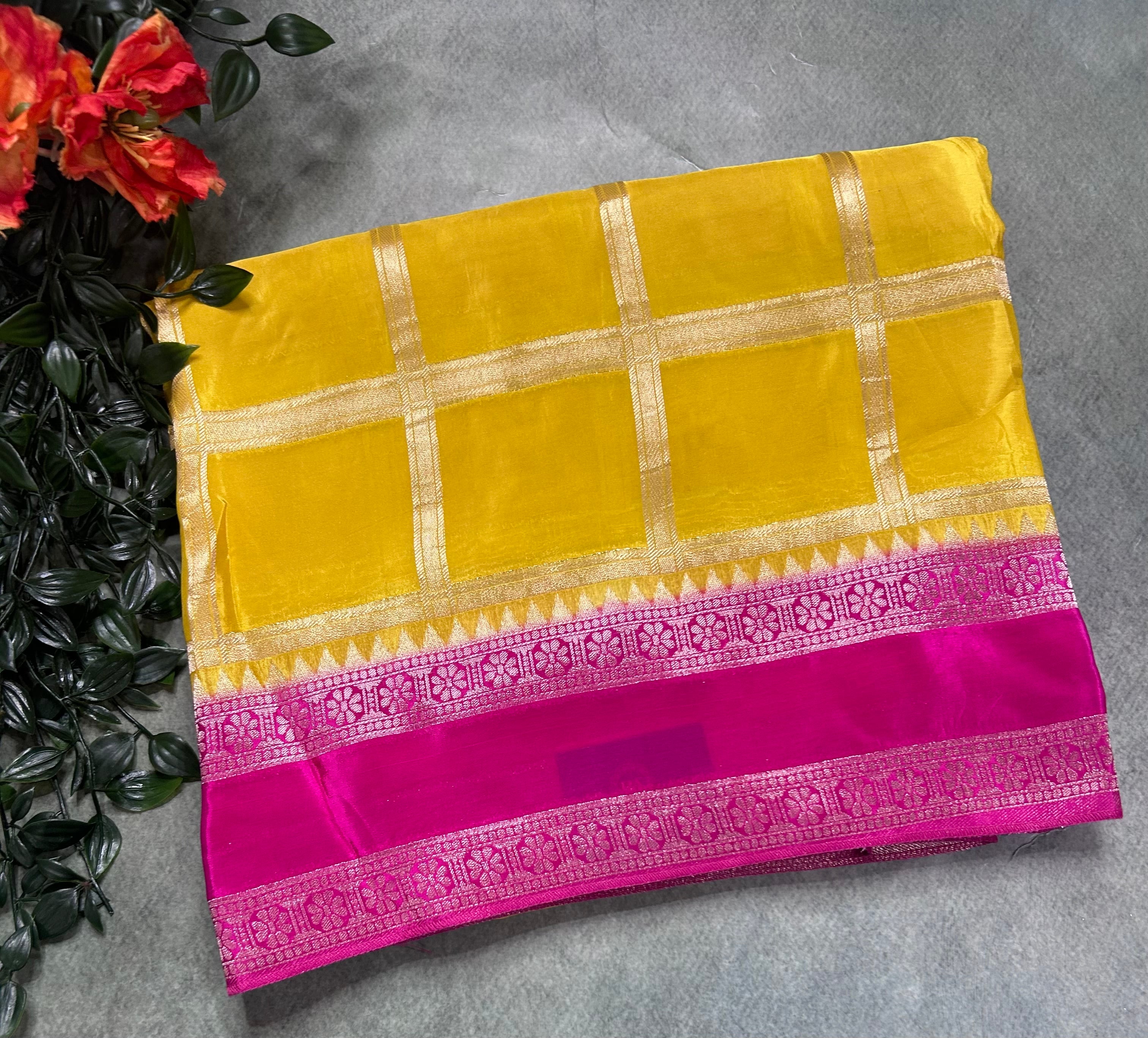 Yellow checks n bentex border semi crepe 106 saree