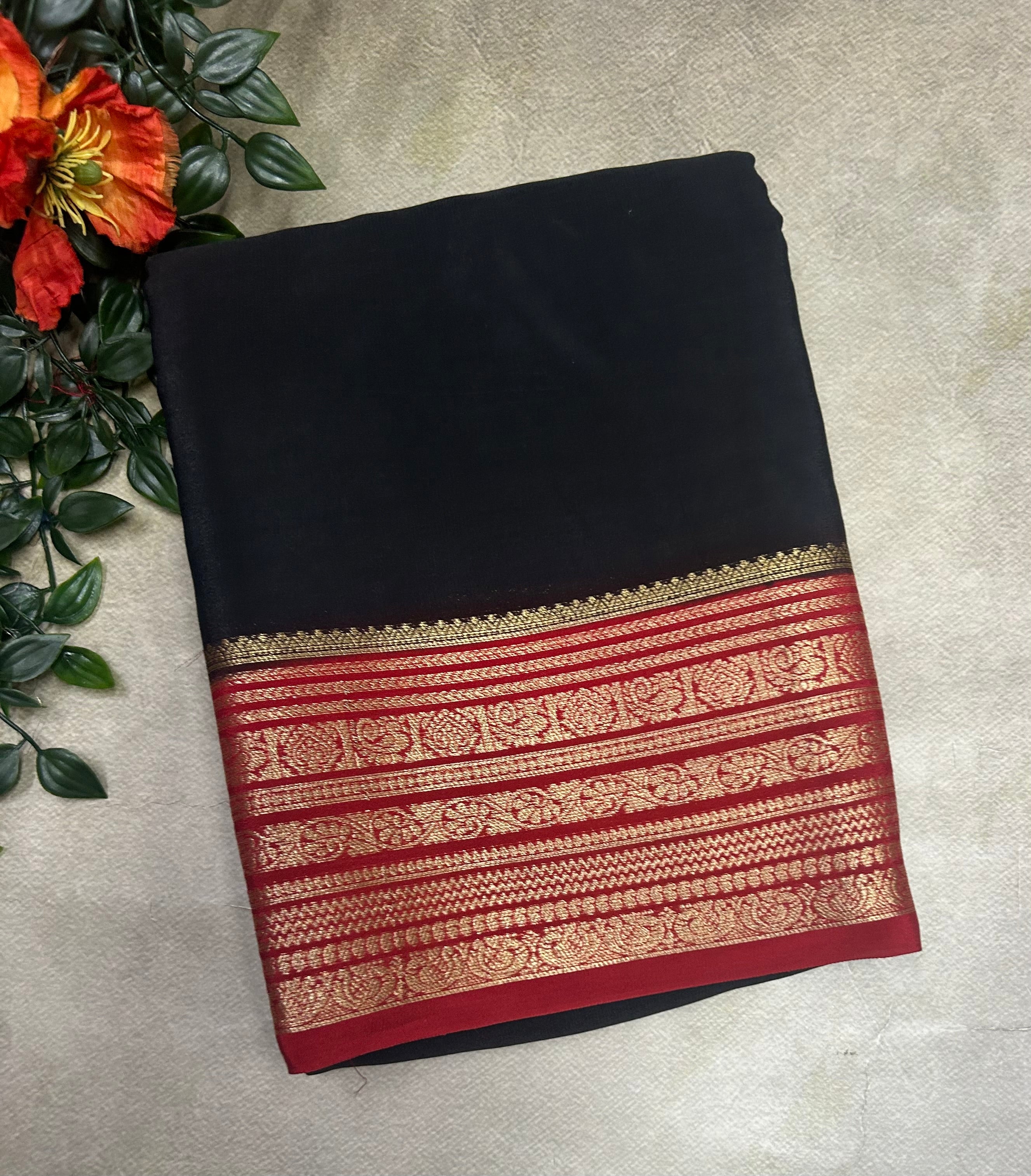 Black n red plain semi Mysore crepe silk 105 saree