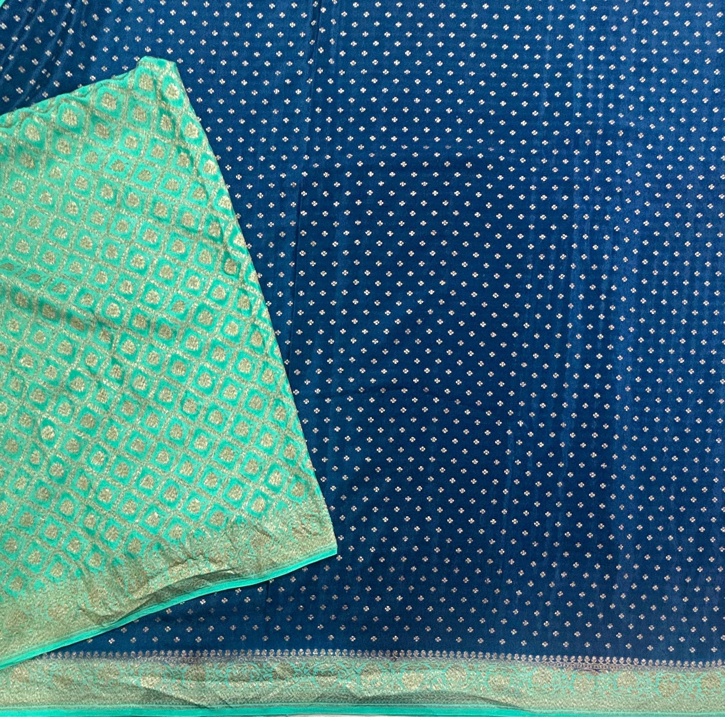 Peacock blue n aqua green small Butta pure Benarasi crepe 104 saree