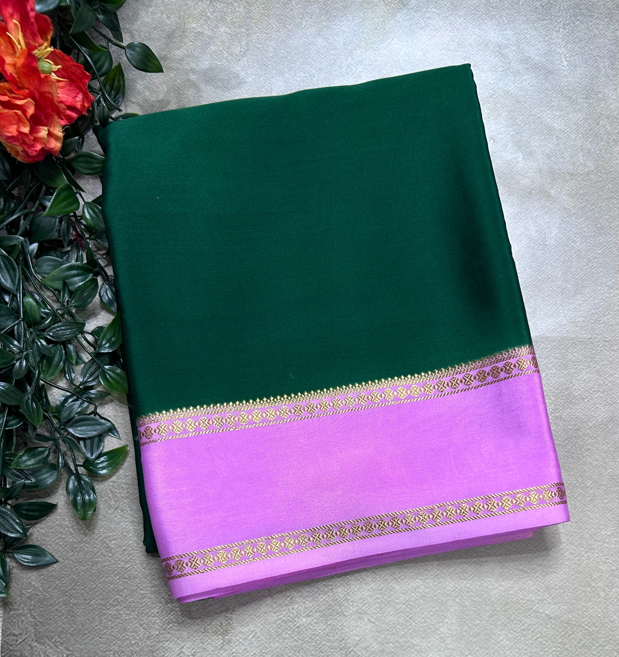 Bottle green n pink plain bentex border pure mysore silk saree(BMS105) (Copy)