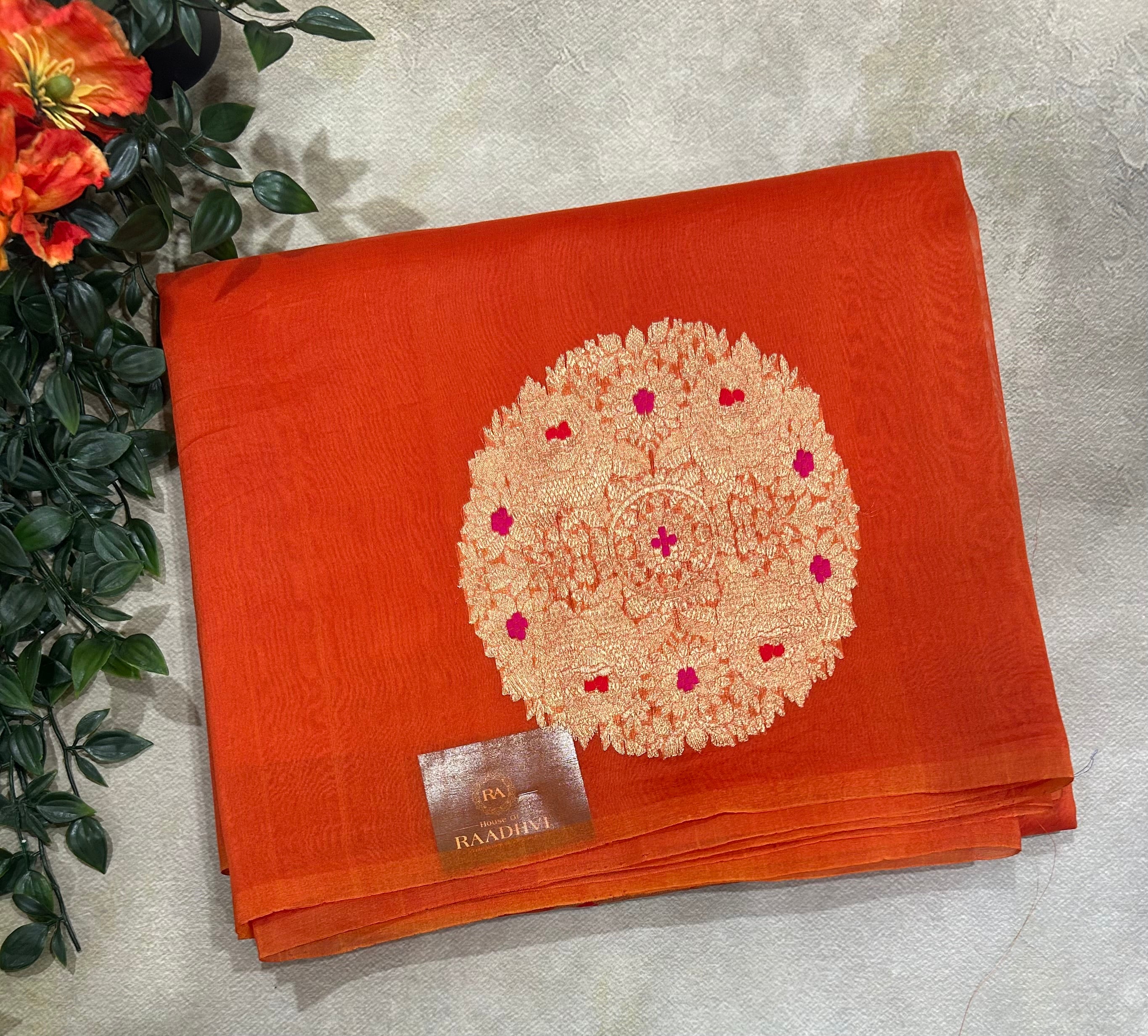 Orange pure kora 105 organza silk saree