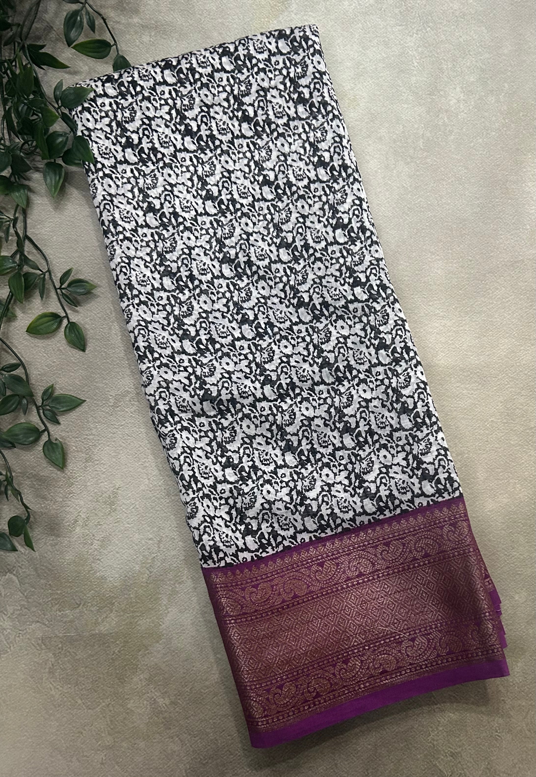 Black n white purple small border soft Tussar crepe saree