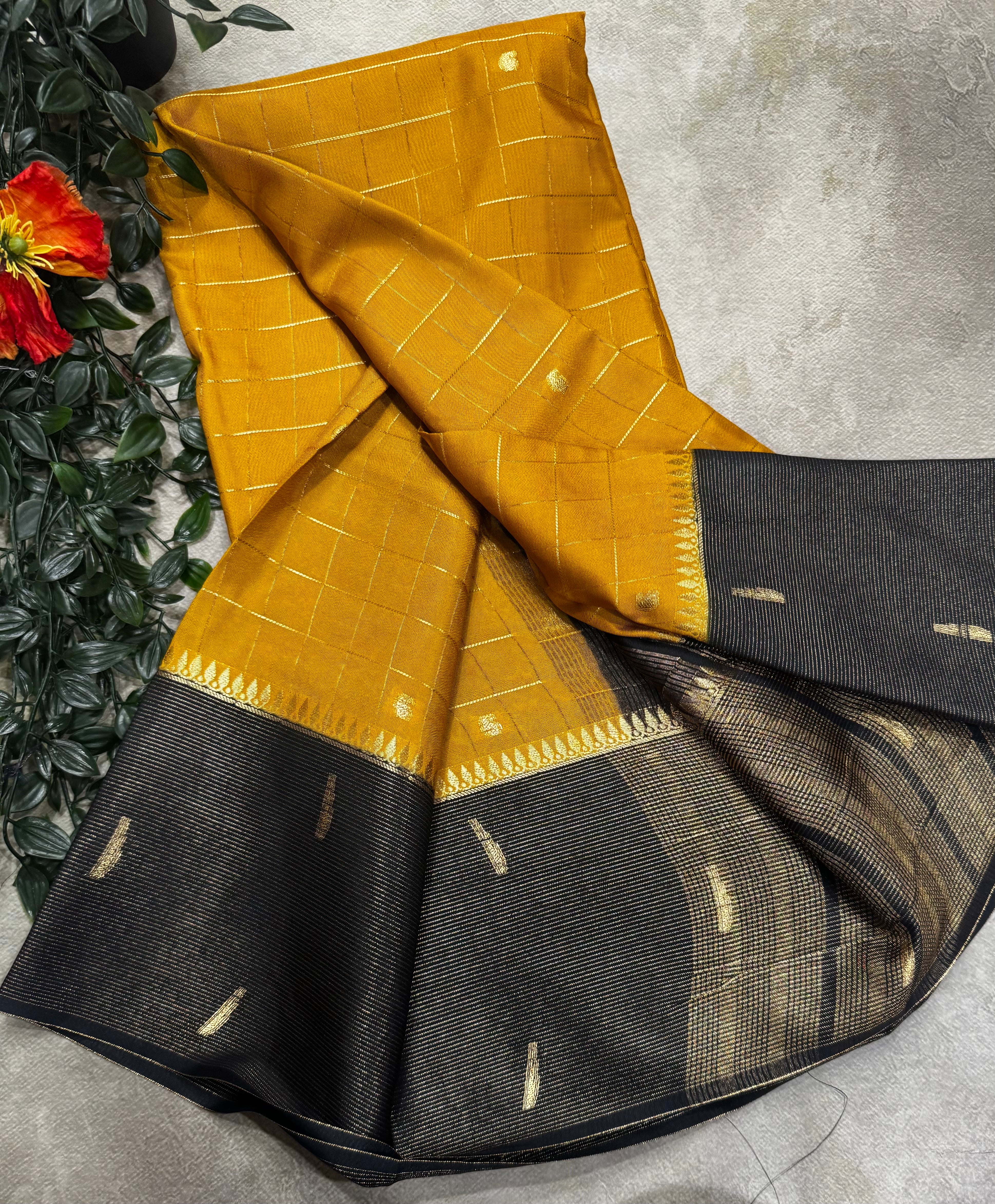 Mustard yellow checks semi Mysore crepe 106 saree