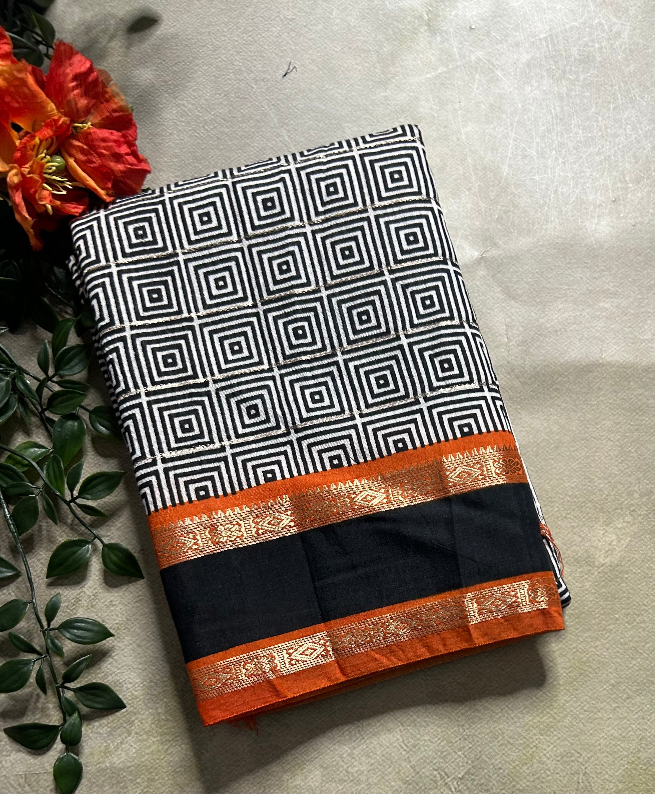 Black n white bentex border pure cotton 103 saree
