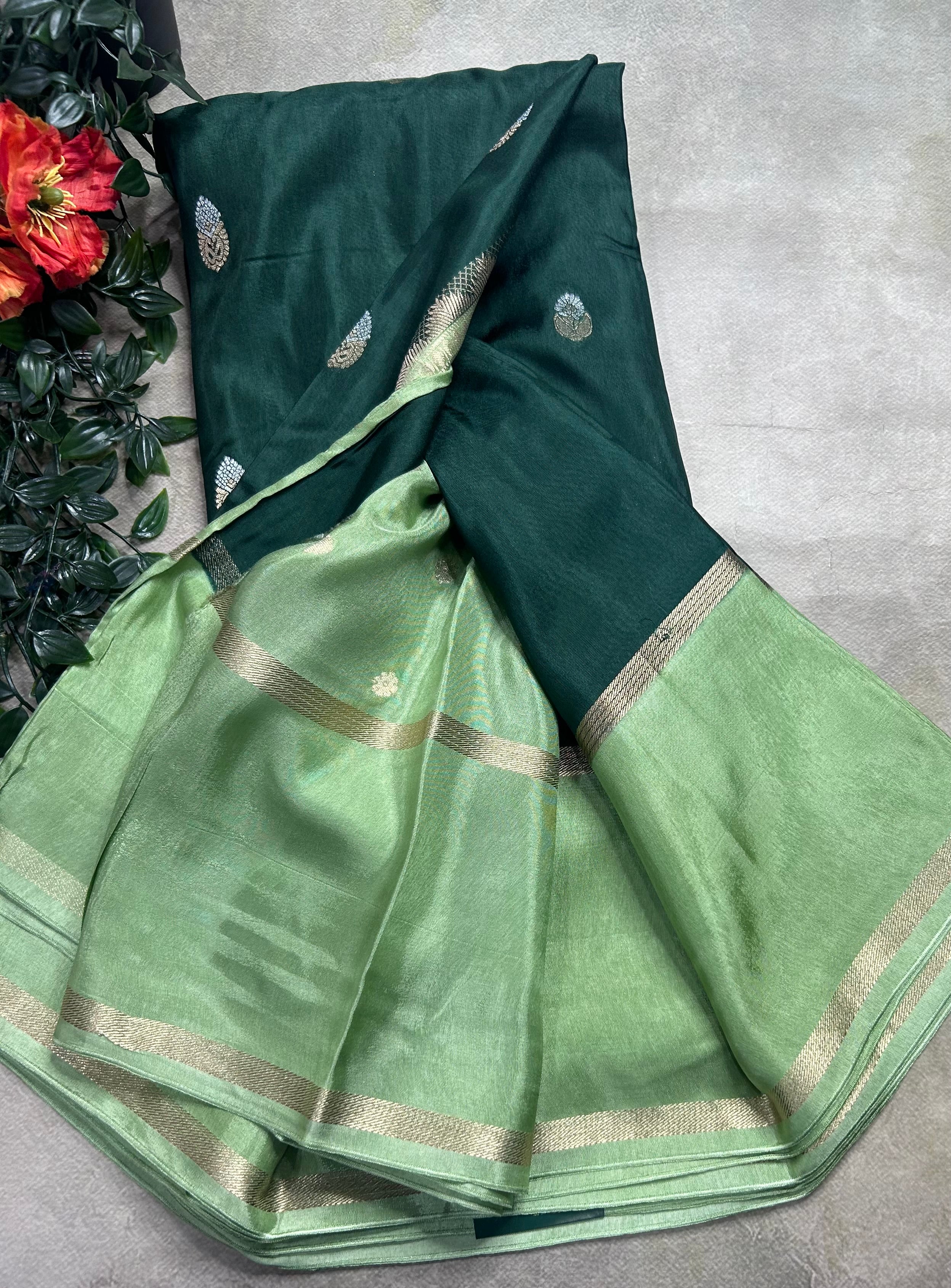 Bottle green bentex border semi Mysore crepe 106 saree