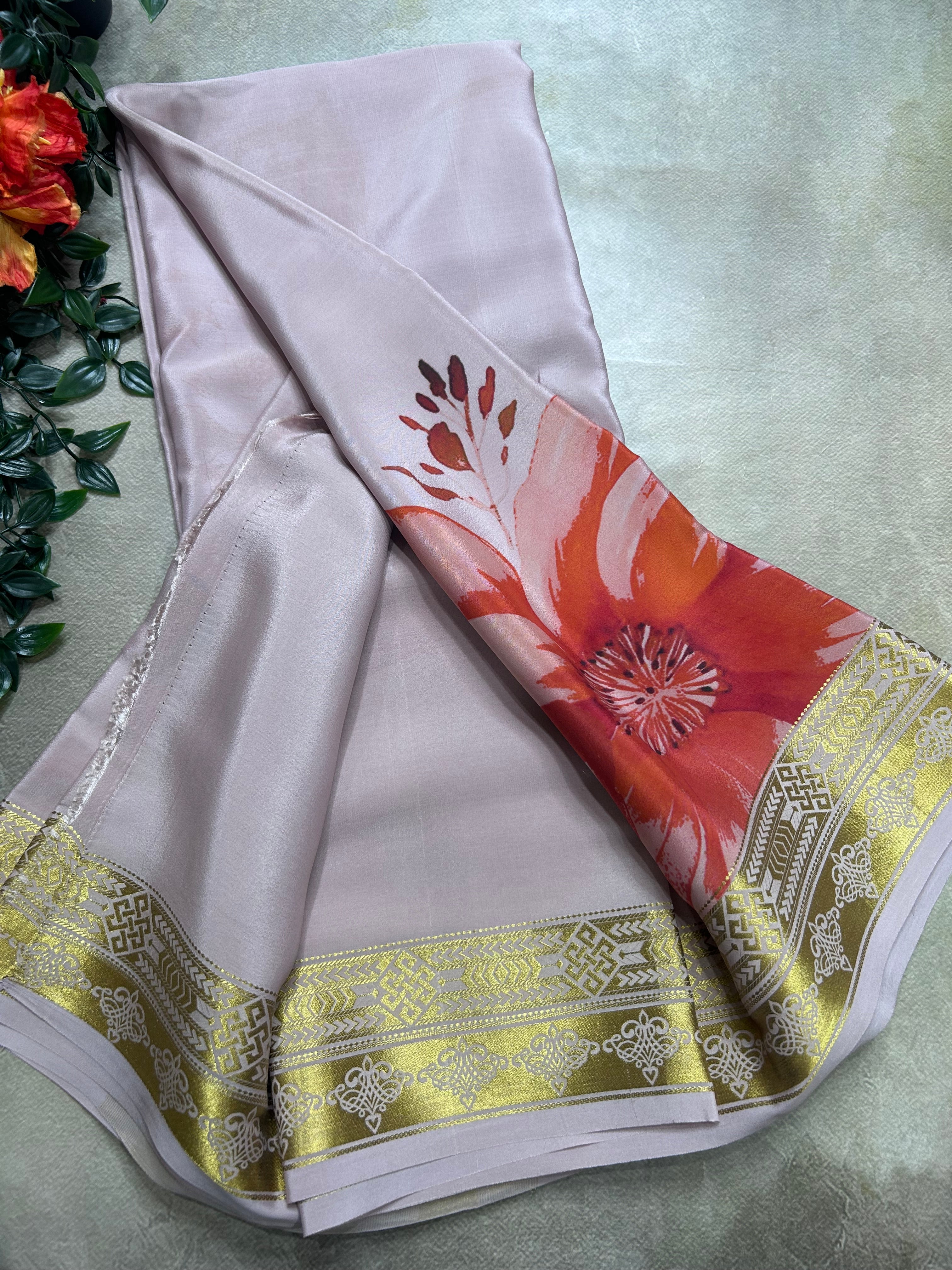 Pastel pink digital print pure mysore silk saree(DMS106)