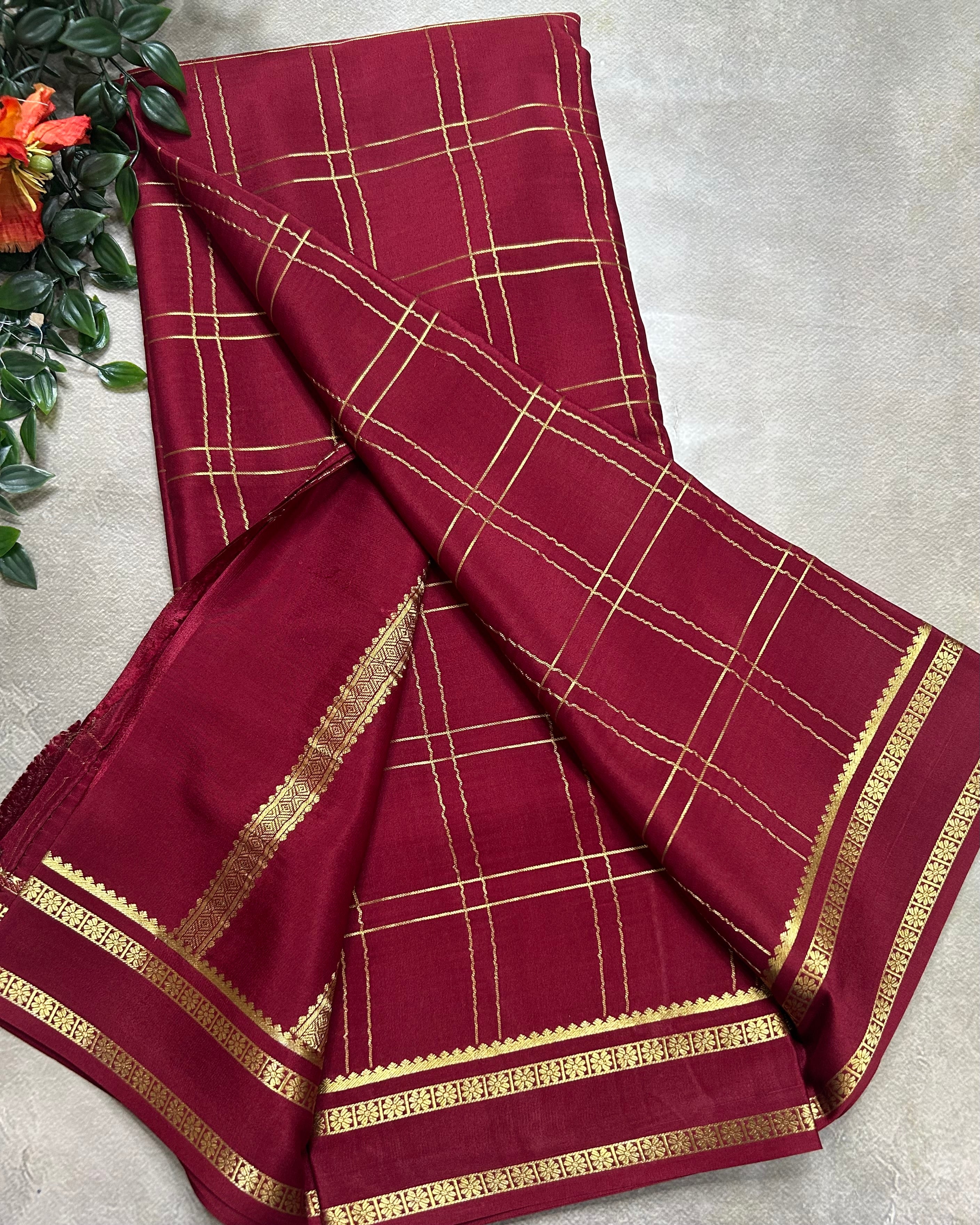 Maroon big checks n Bentex border pure Mysore silk 106 saree