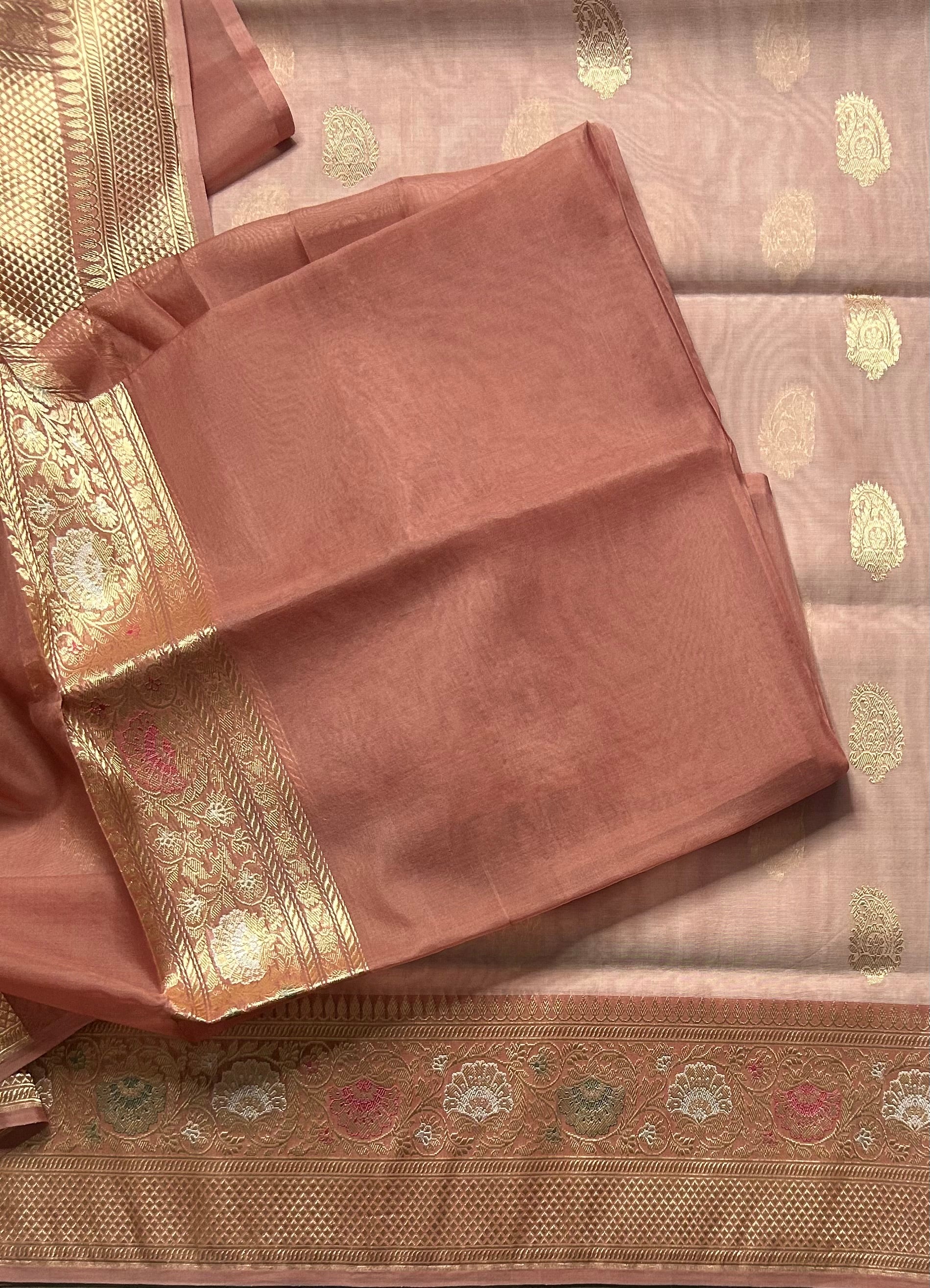 Peach pure kora organza handloom saree
