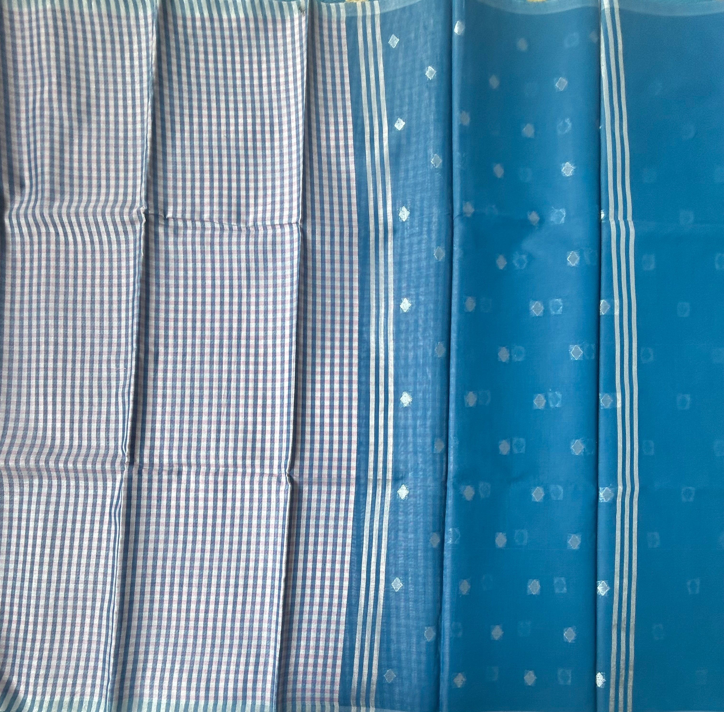 Blue checks semi tissue saree