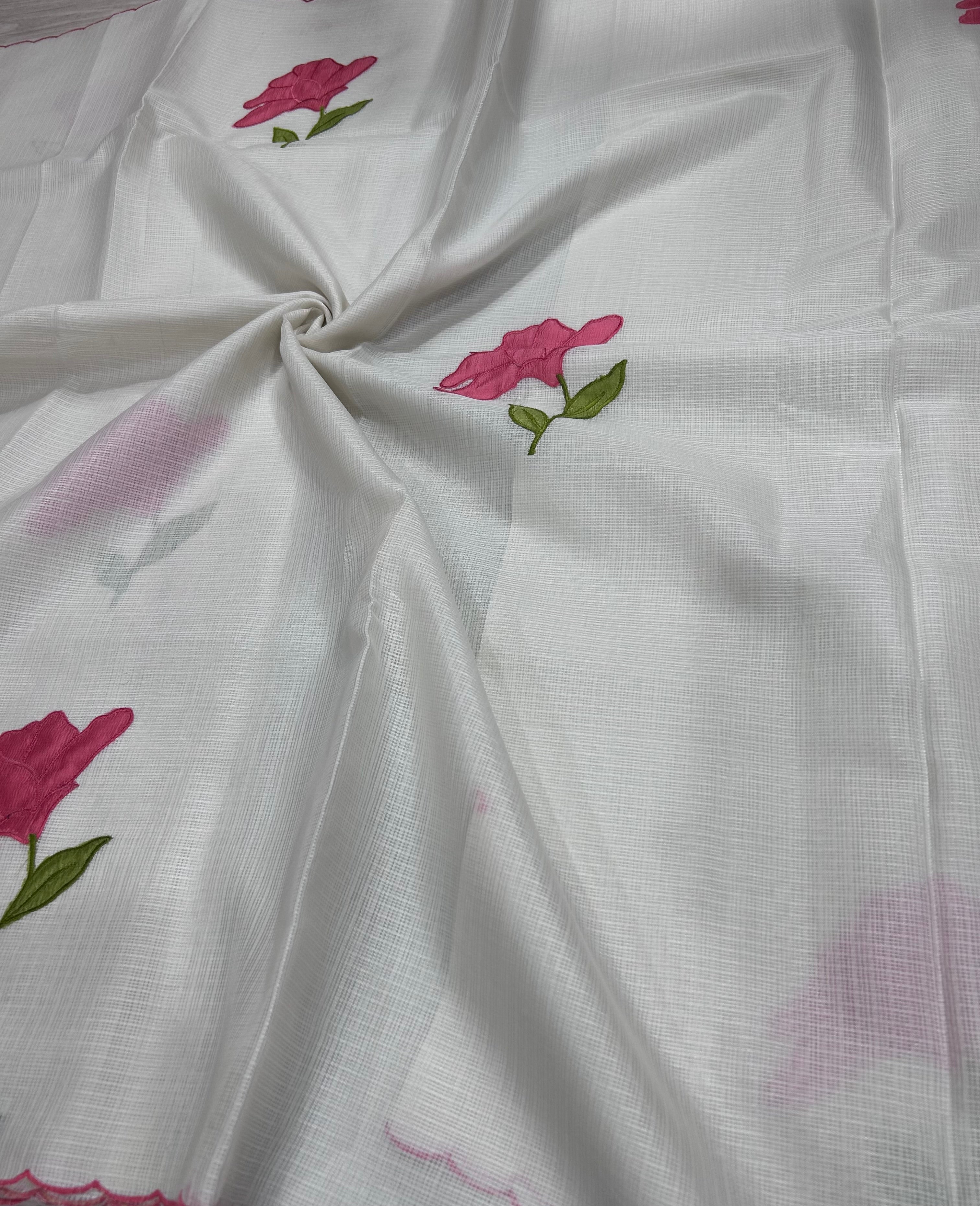 Cream scallop border peach embroidery work Kota check 106 Saree