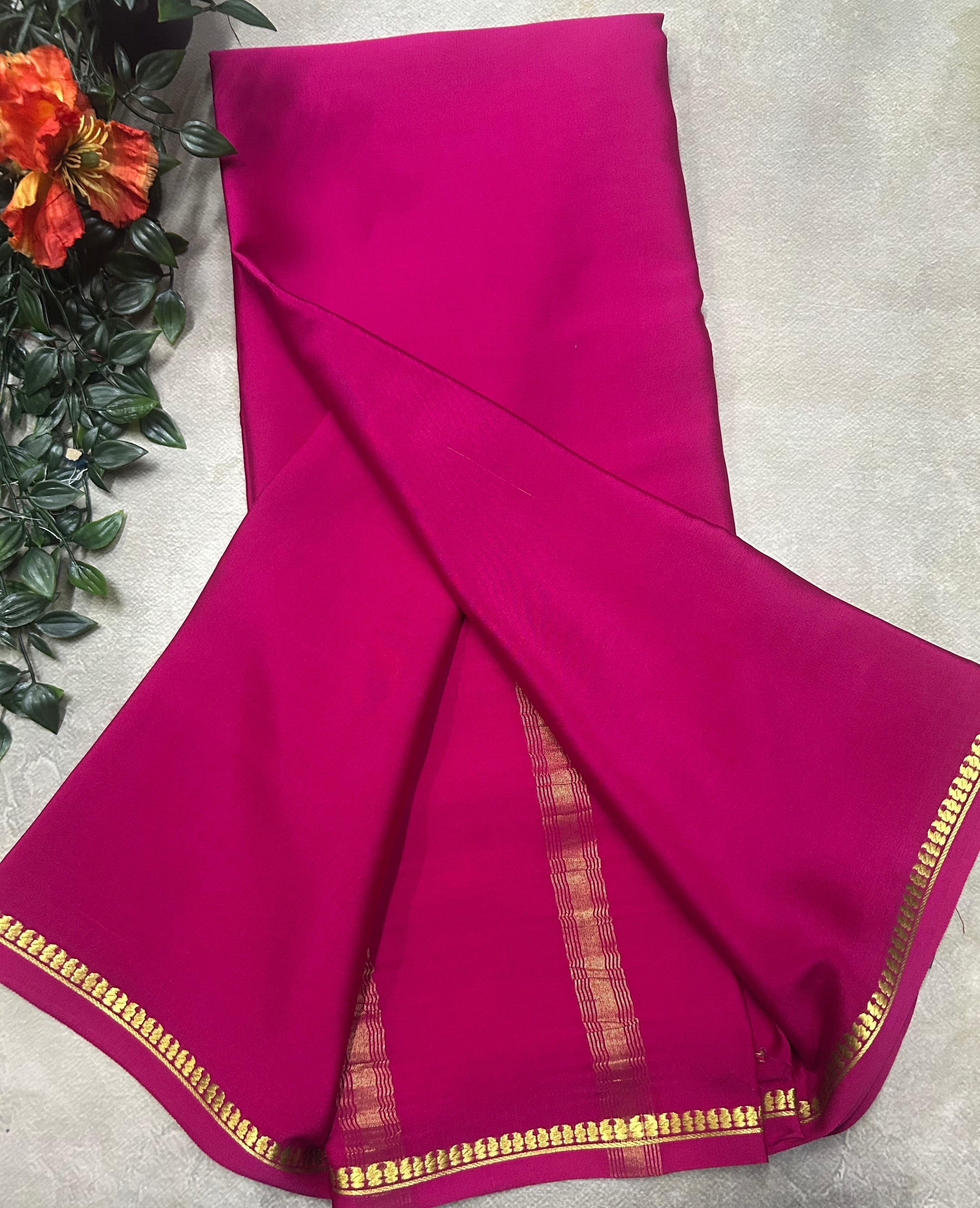 Rani pink small border pure Mysore silk 105 saree