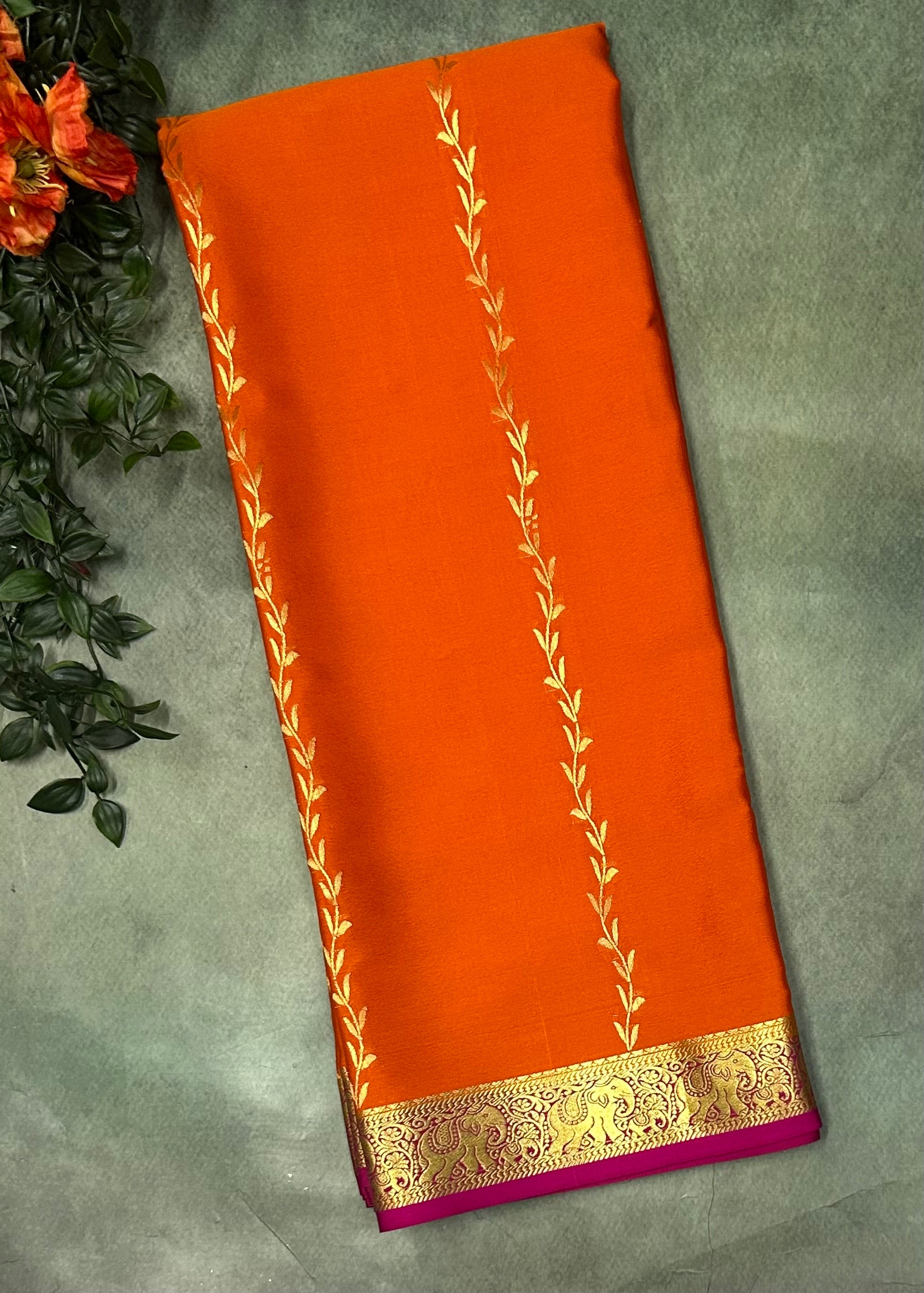 Orange n Rani pink partly pallu Pure Mysore silk crepe 103 Saree