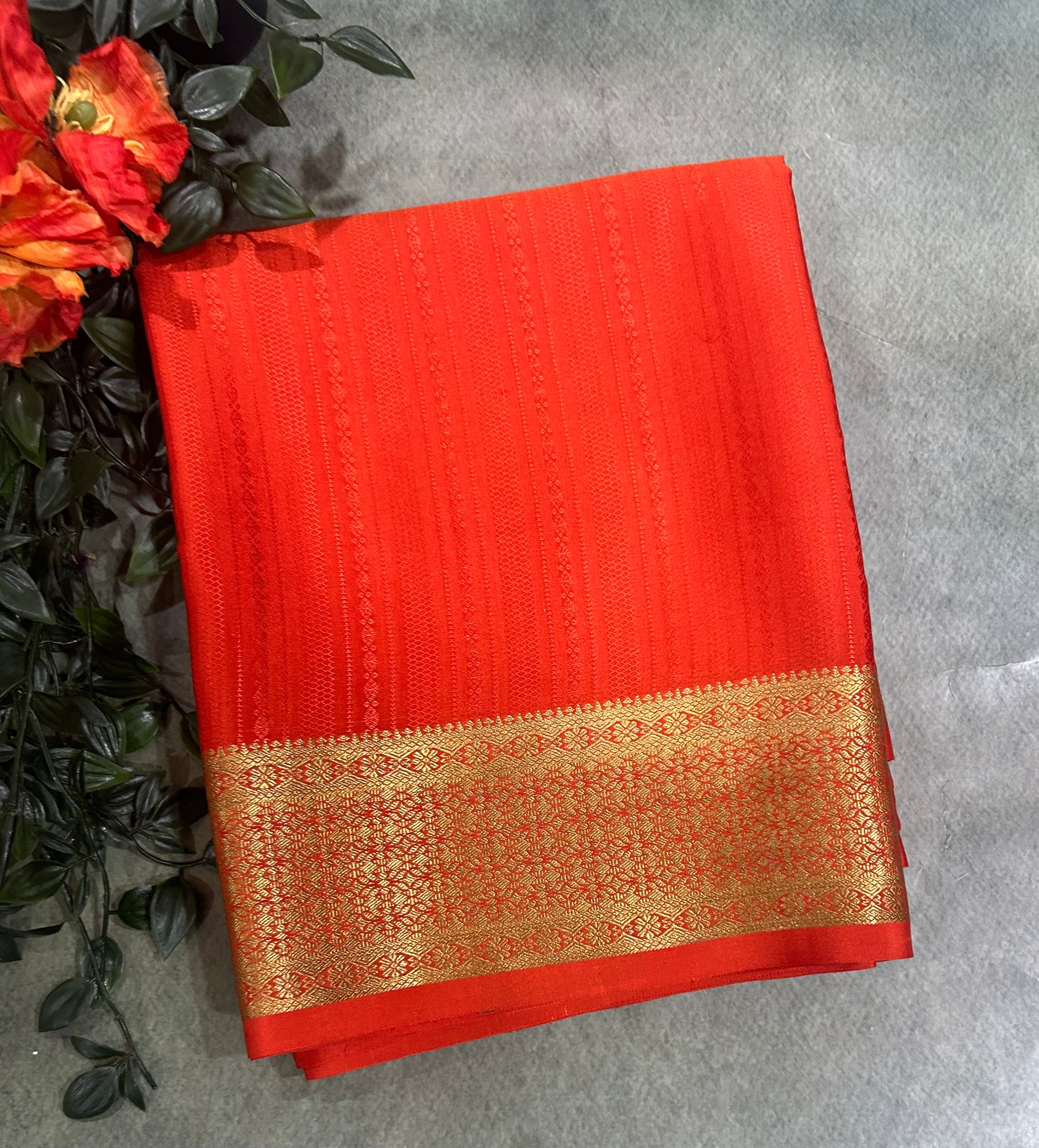 Orange long border embossed pure Mysore silk EMS105 saree