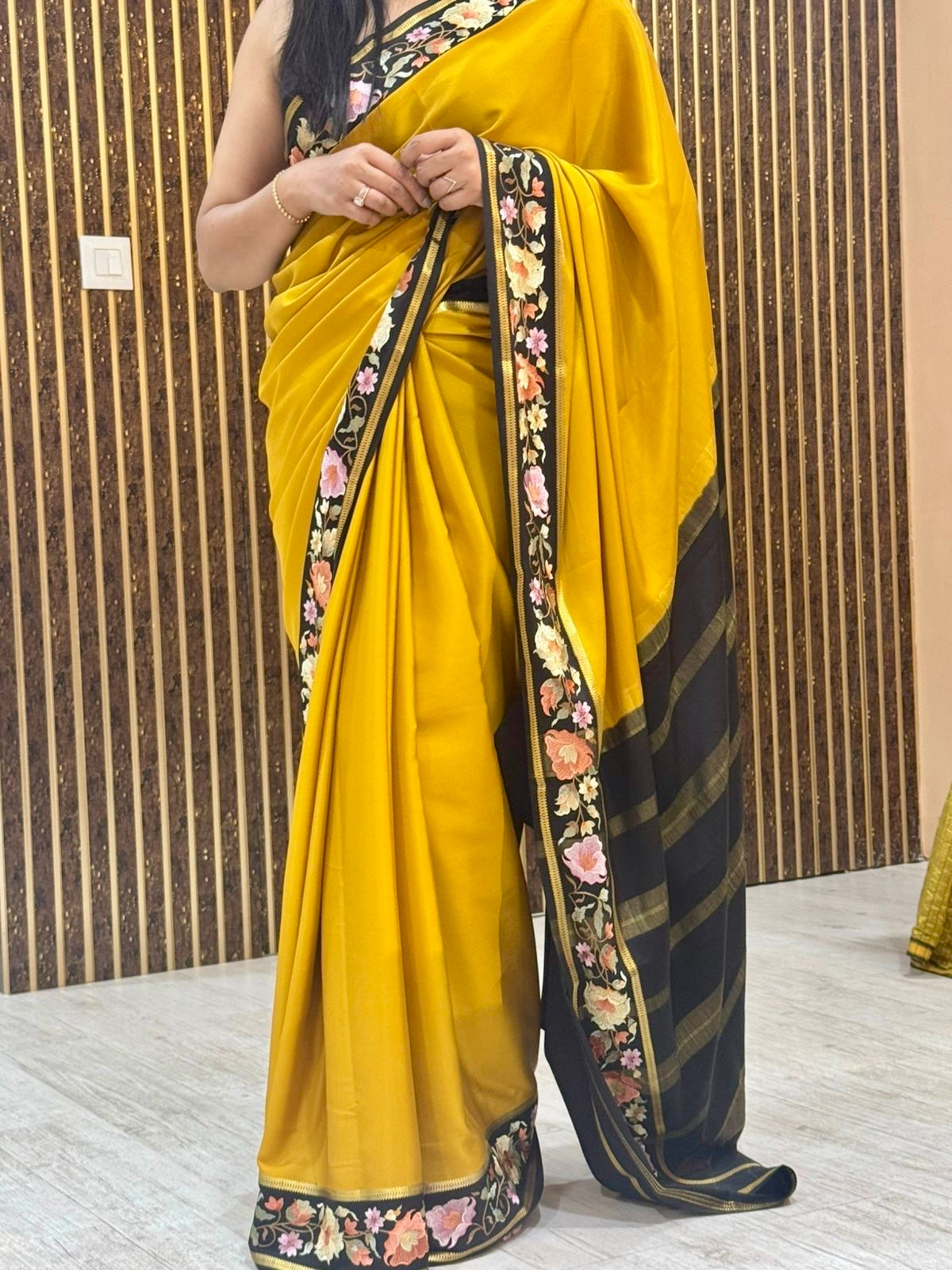 Mustard yellow black pure mysore crepe silk saree EMS107