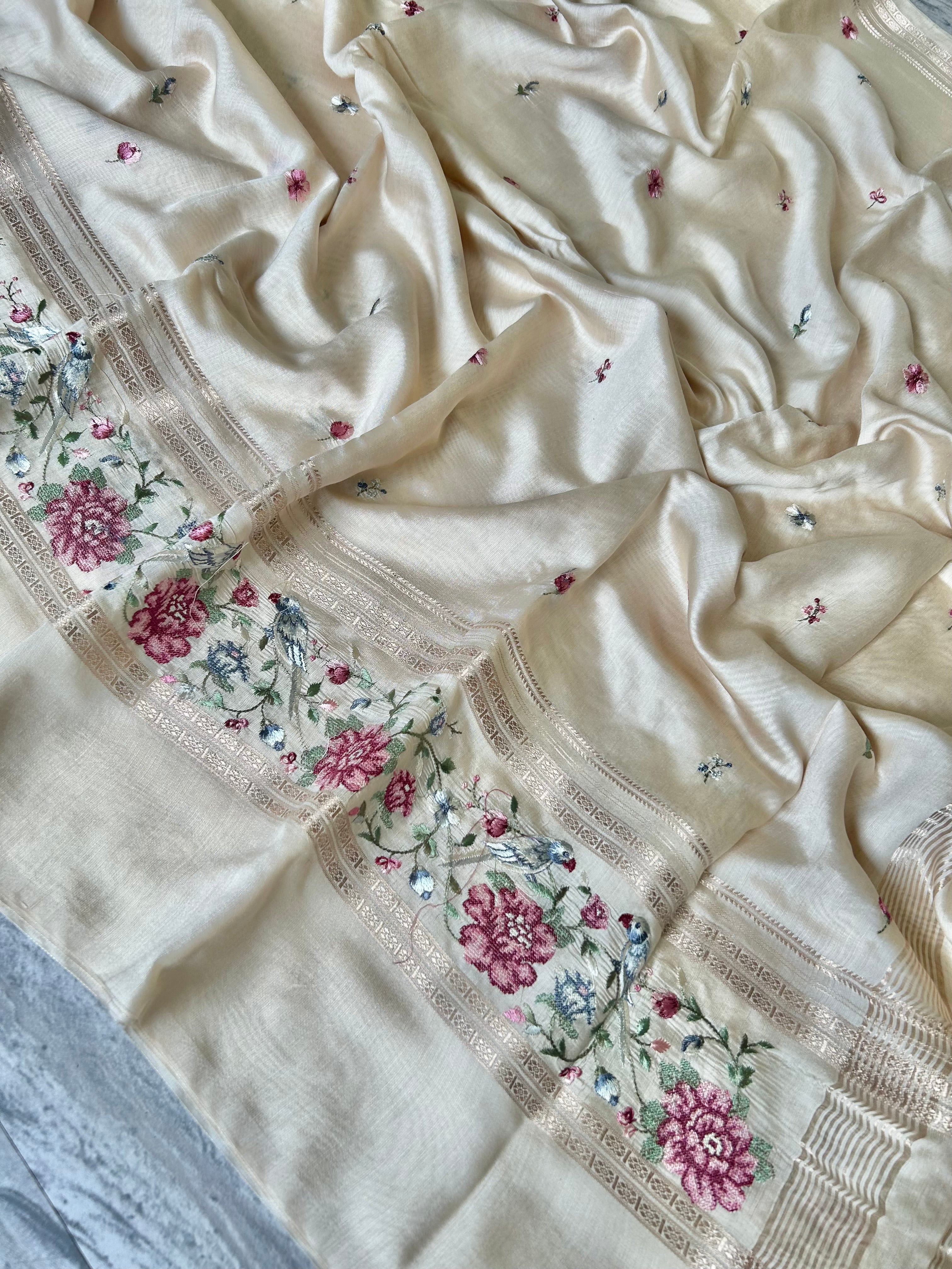 Beige embrodiery soft tussar crepe 102 saree