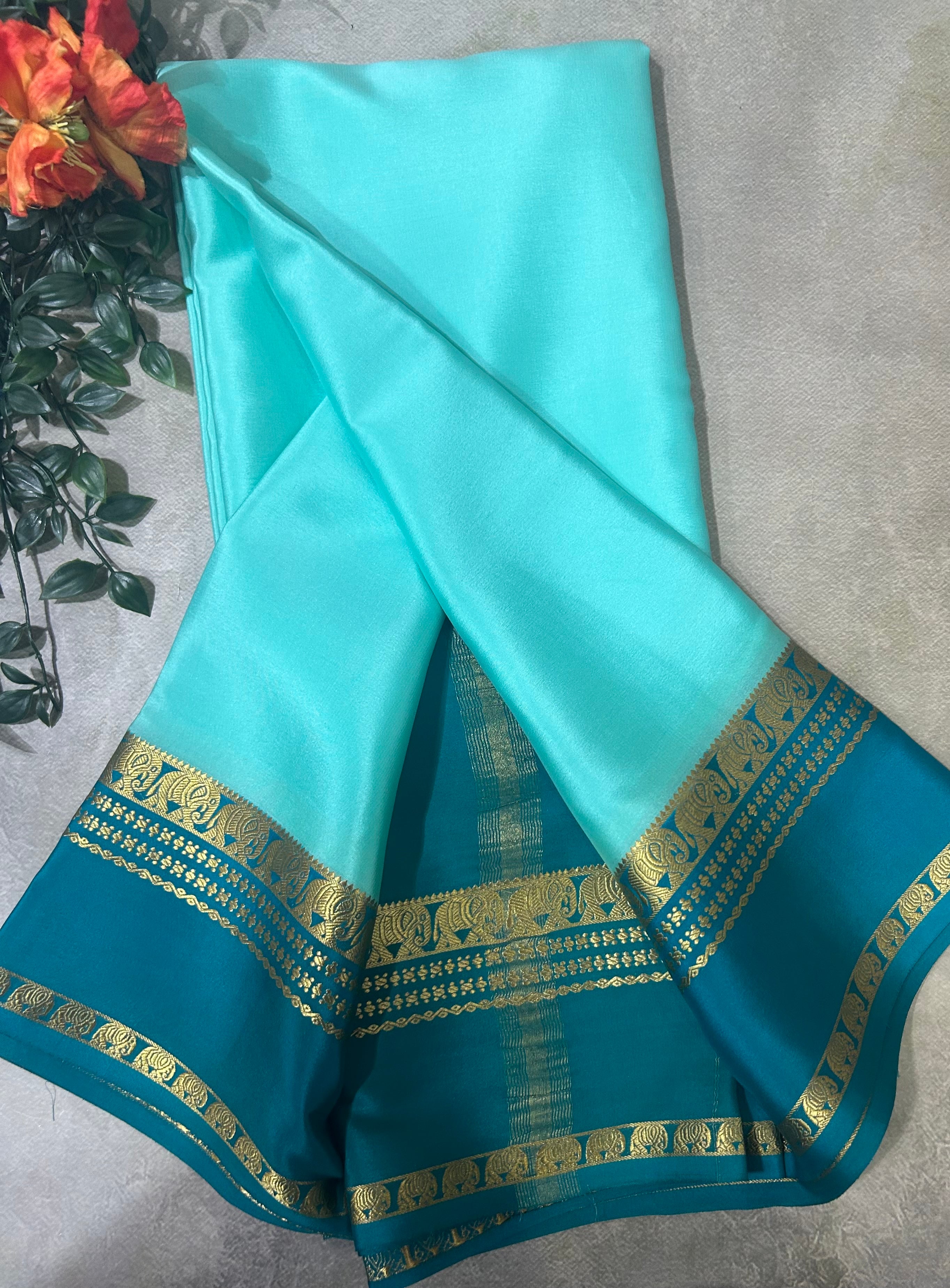 Aqua blue bentex border pure Mysore silk 104 saree