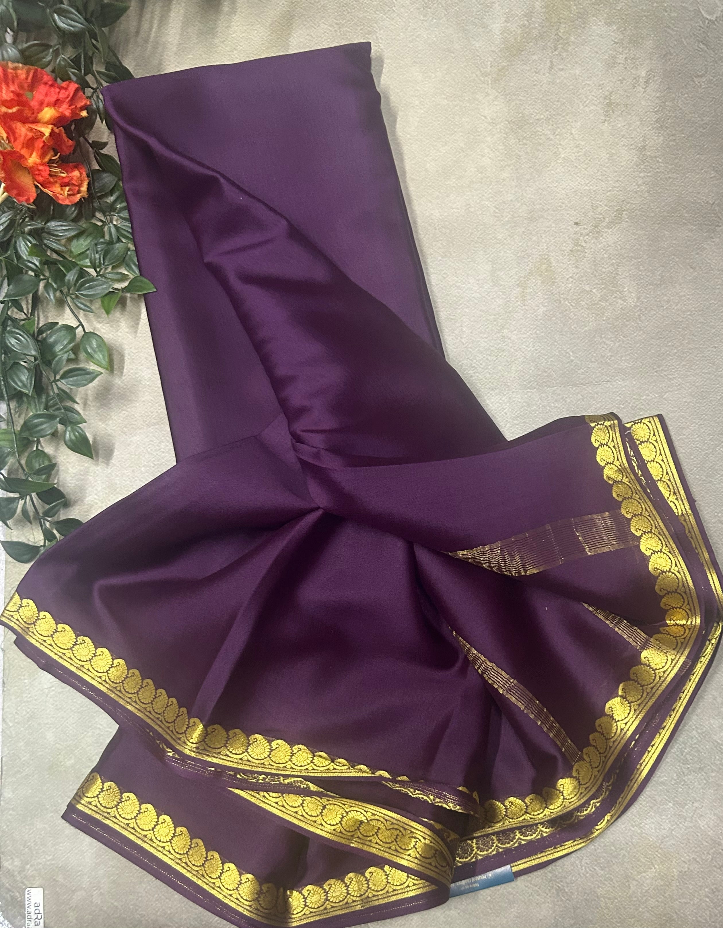Dark wine small border pure Mysore silk saree