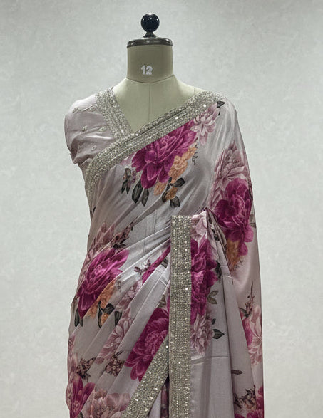 Pastel pink digital printed pure crepe 104 saree