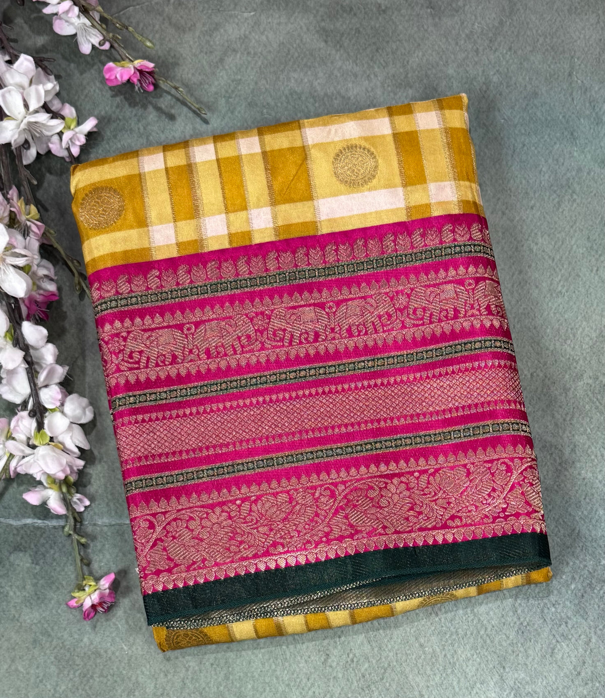 Mustard yellow Checks Semi Crepe Saree 110
