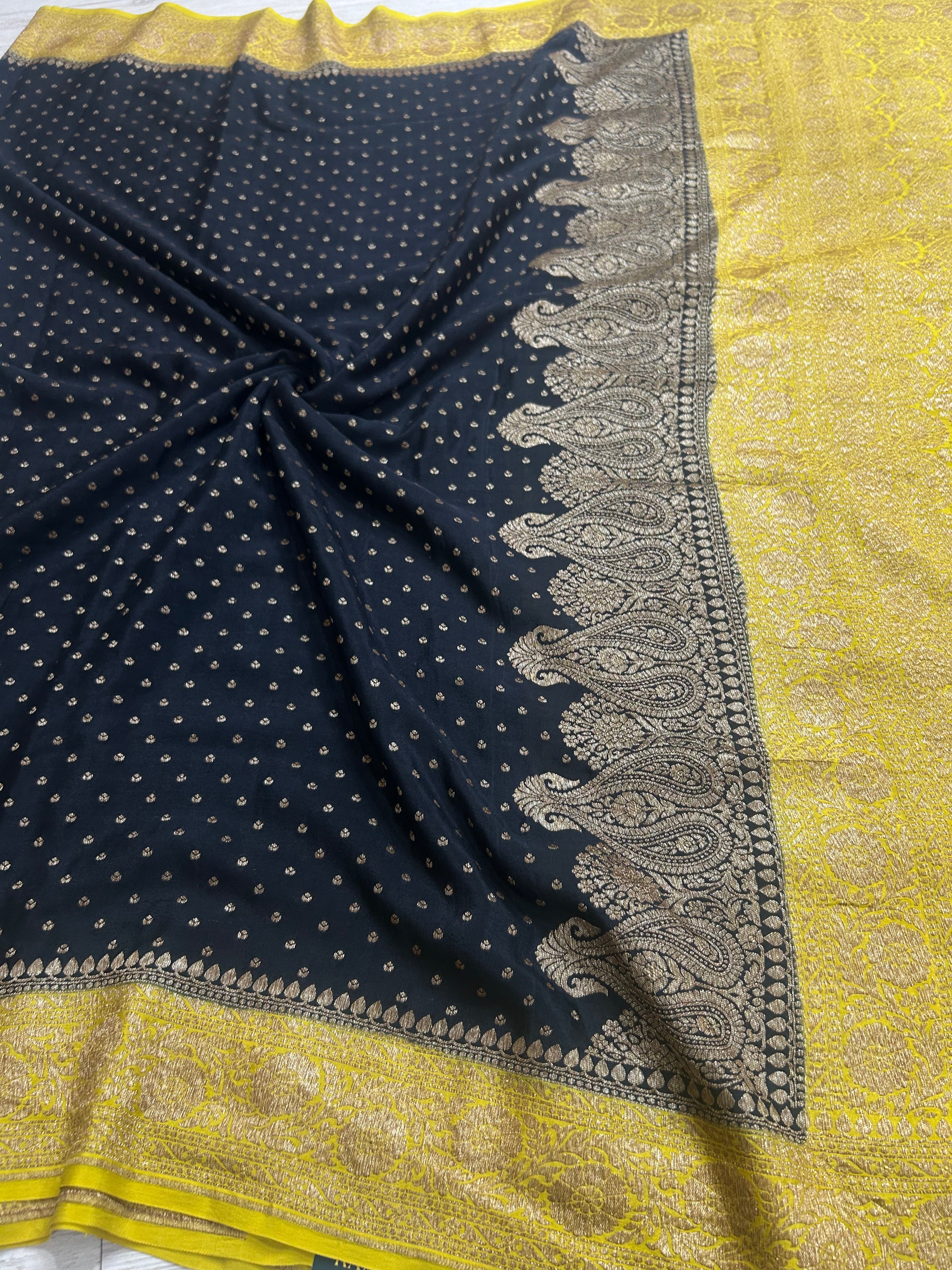 Black n yellow small Butta pure Benarasi crepe 104 saree