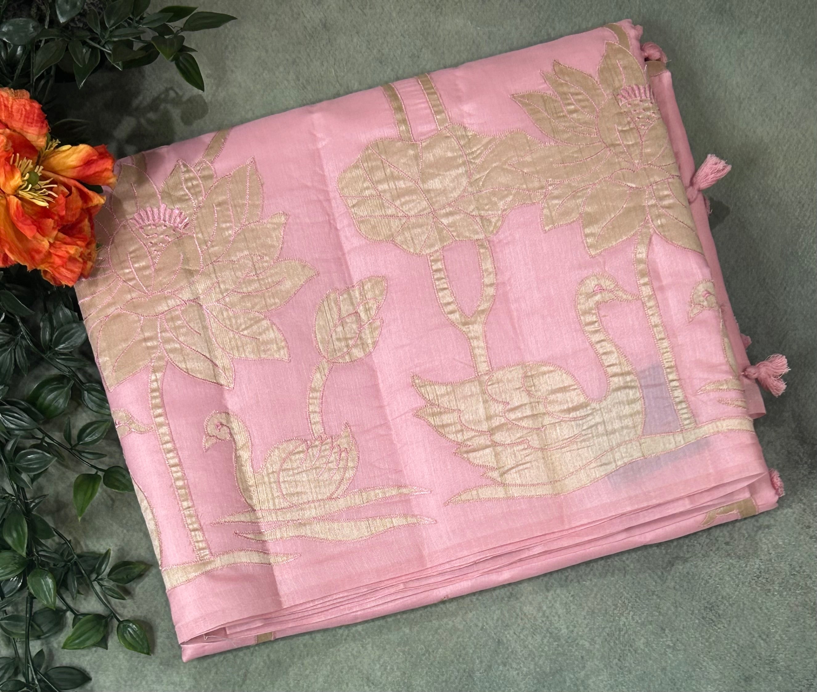 Baby pink semi Tussar appliqué work-101 saree