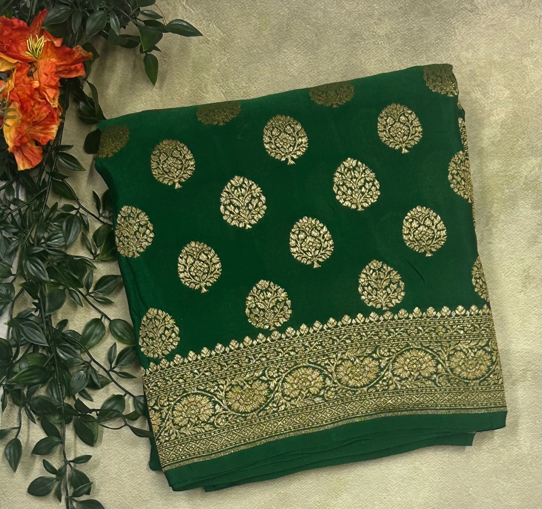 Bottle green small n big butta pure benarasi crepe 103 saree