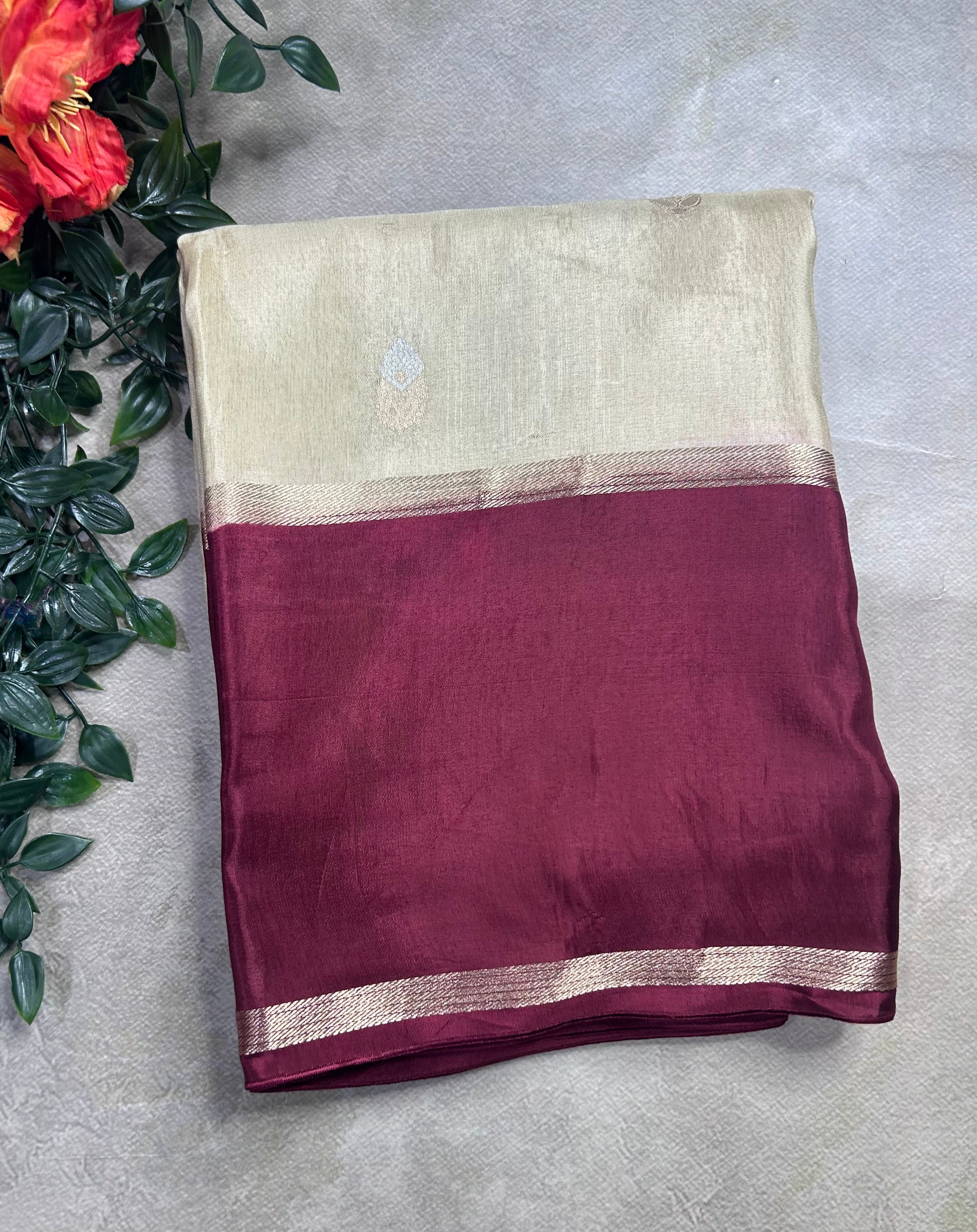 Cream bentex border semi Mysore crepe 106 saree