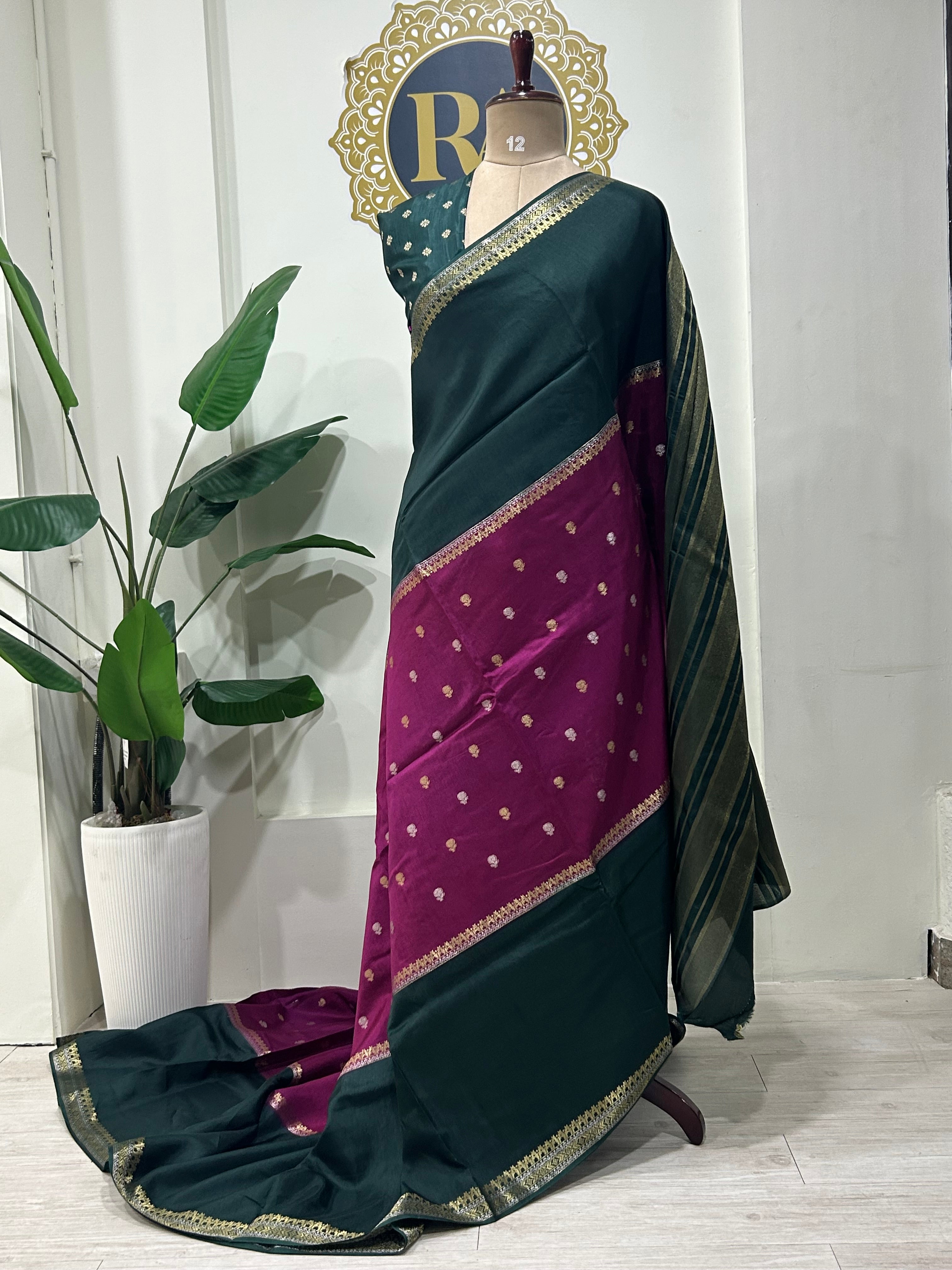 Bottle green n purple premium semi mysore-12 crepe saree
