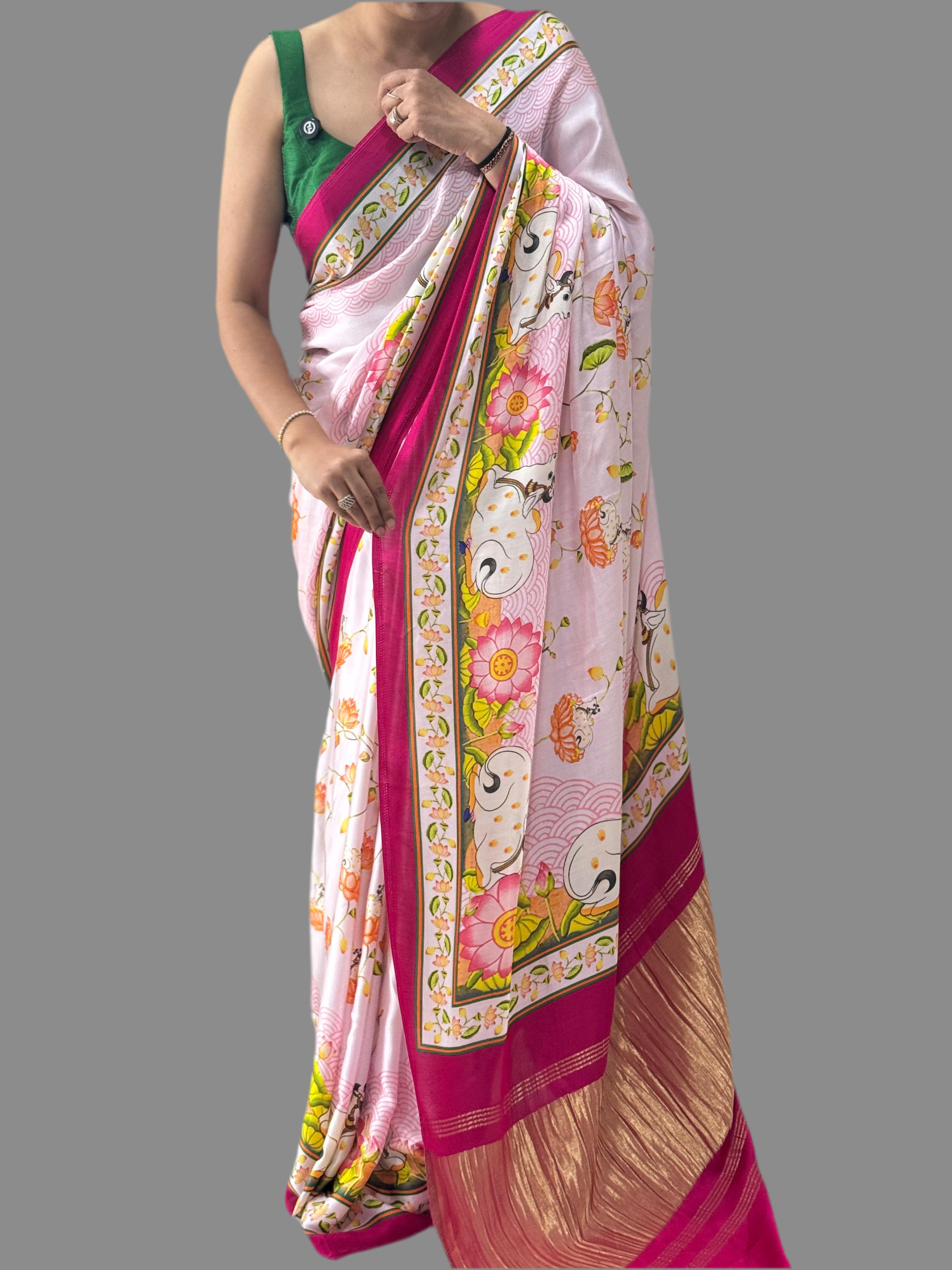 Pink pichwai satin crepe saree