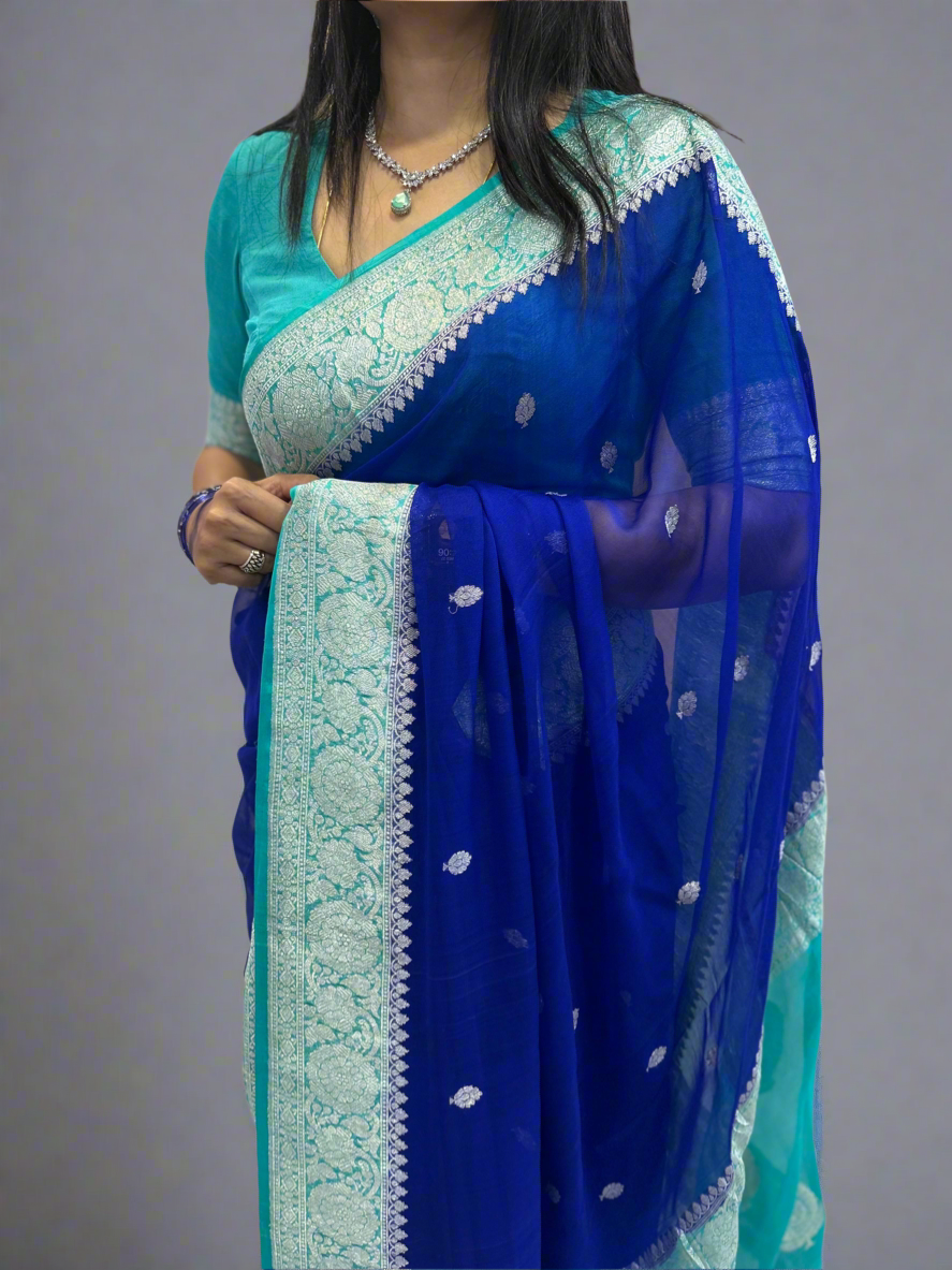 Blue with sky blue benarasi pure chiffon saree