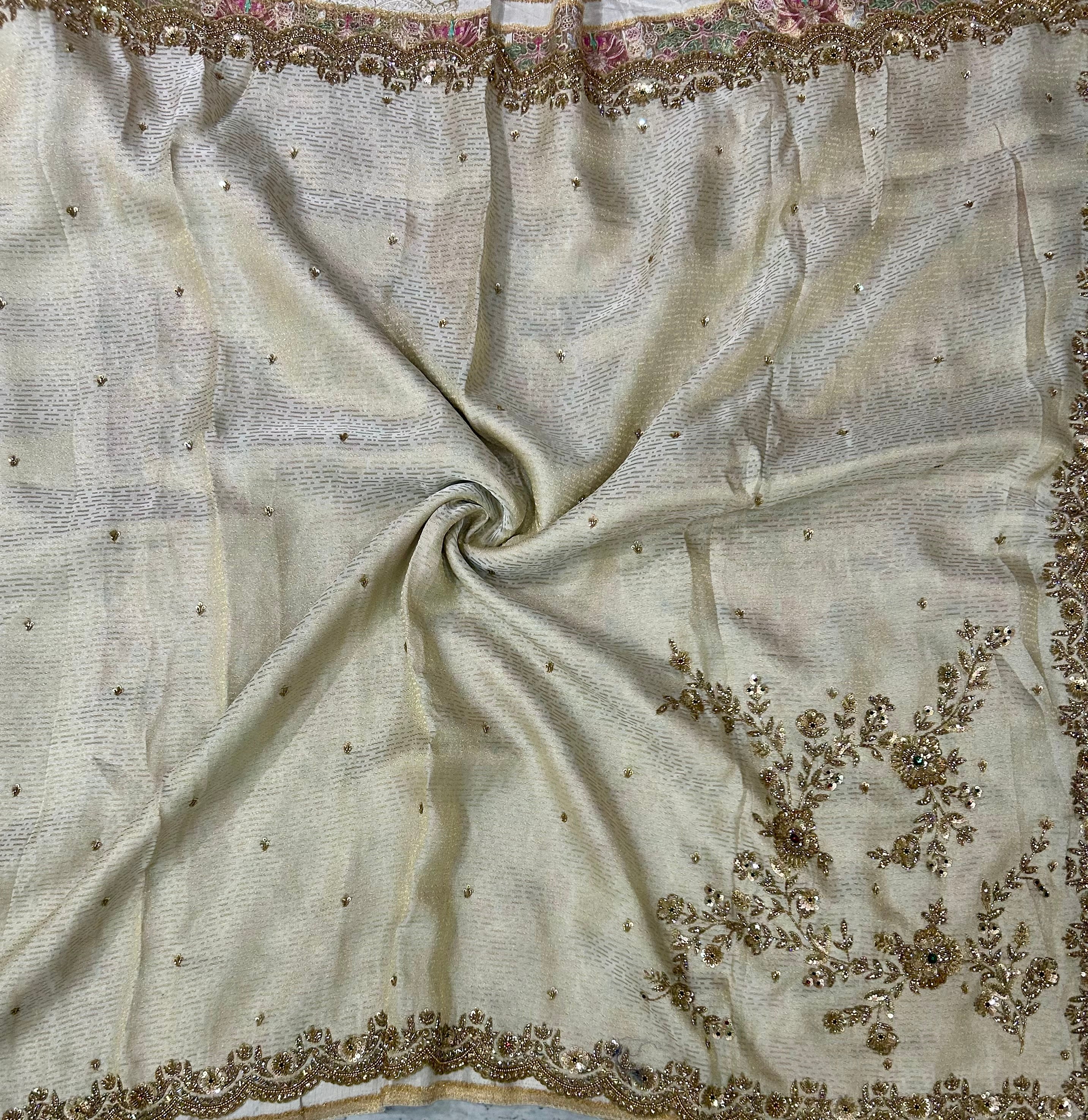 Cream brocade tissue handwork  scallop border party wear