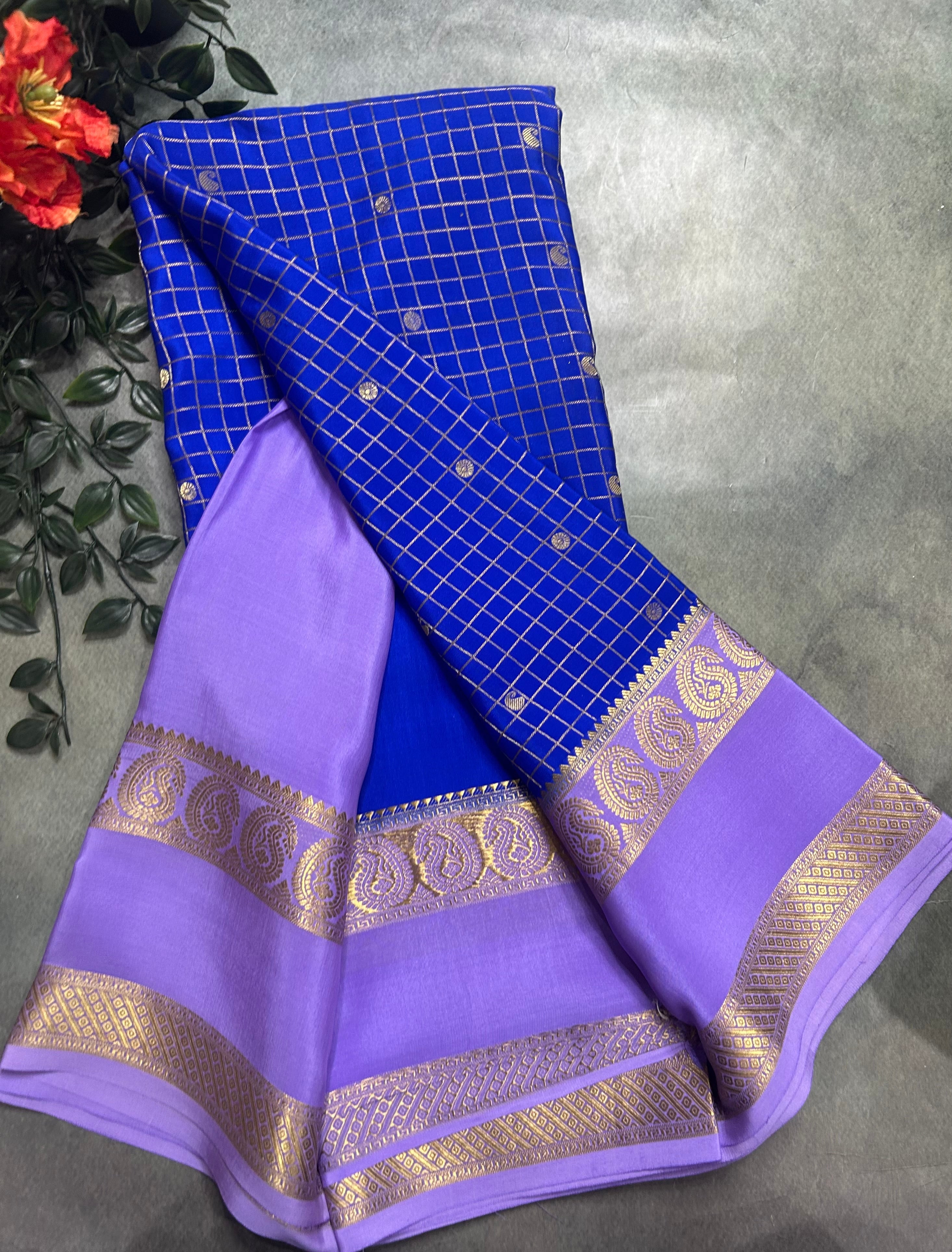 Royal blue small checks pure Mysore silk 105 saree